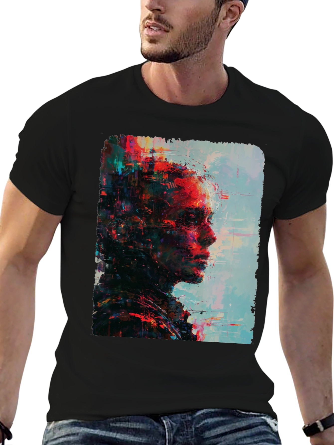 Abstract Portrait Graphic Print Mens Black T-Shirt