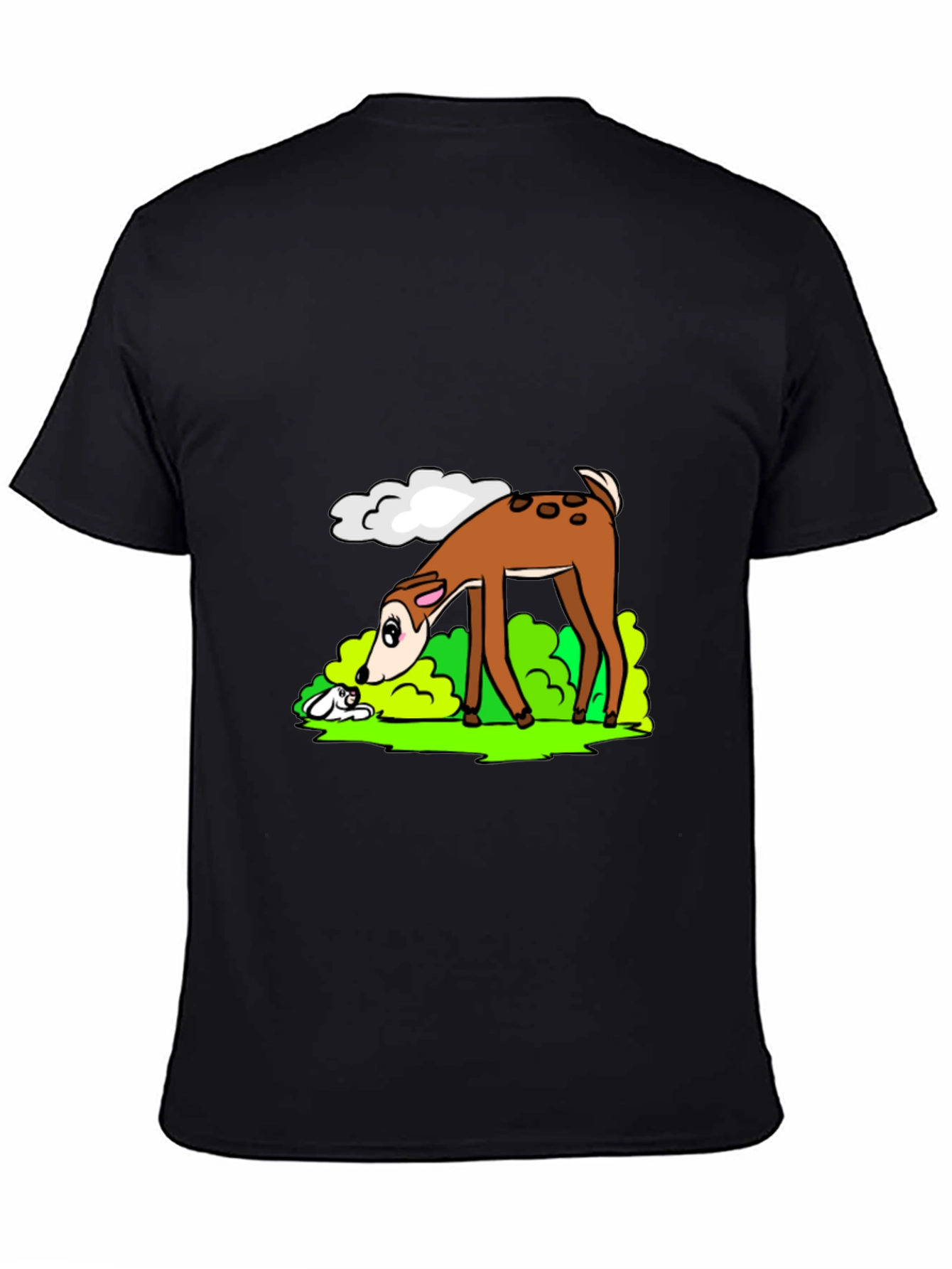 Cartoon Deer Graphic Tee - Black Cotton T-Shirt