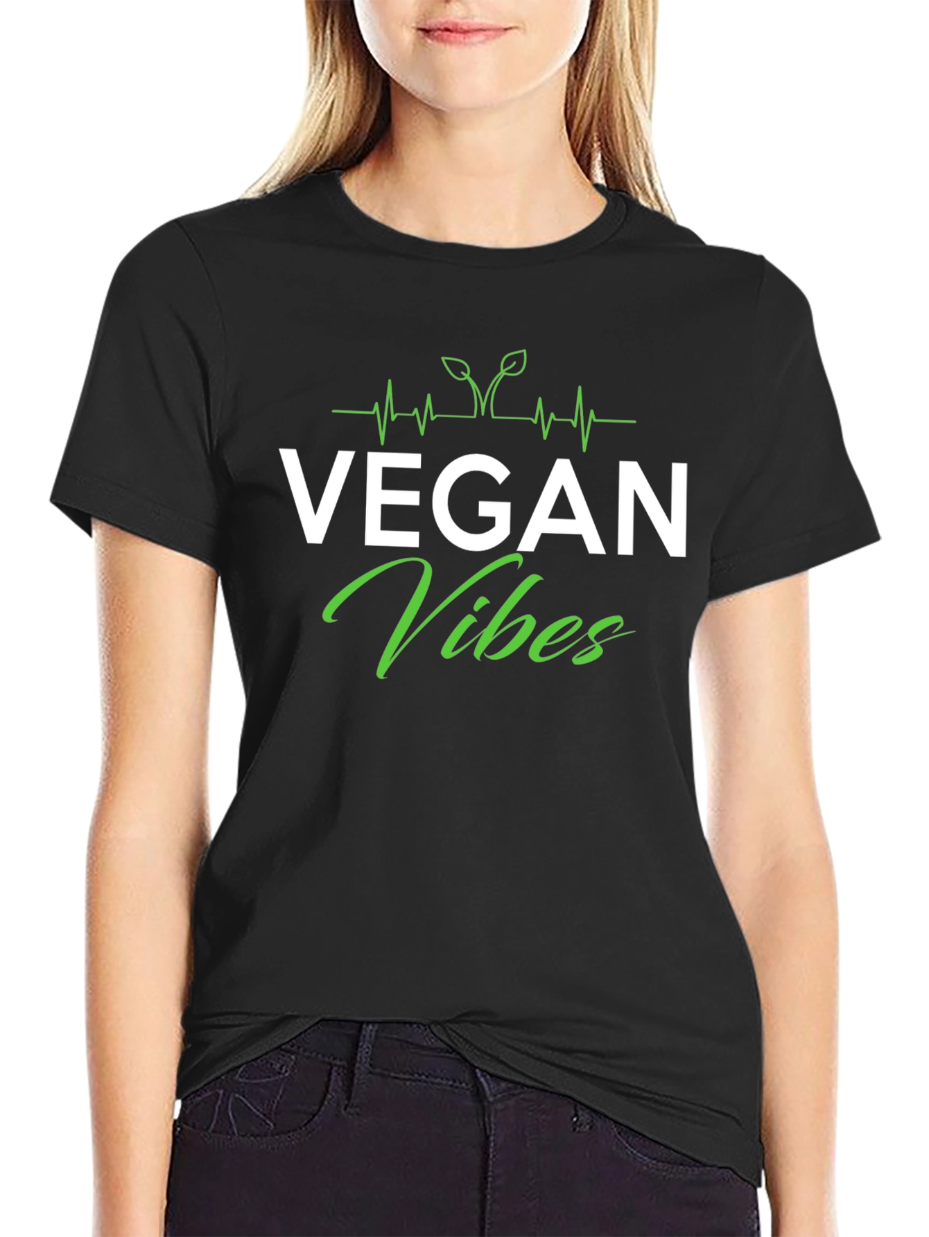 Vegan Vibes Black T-Shirt - Heartbeat Plant Design