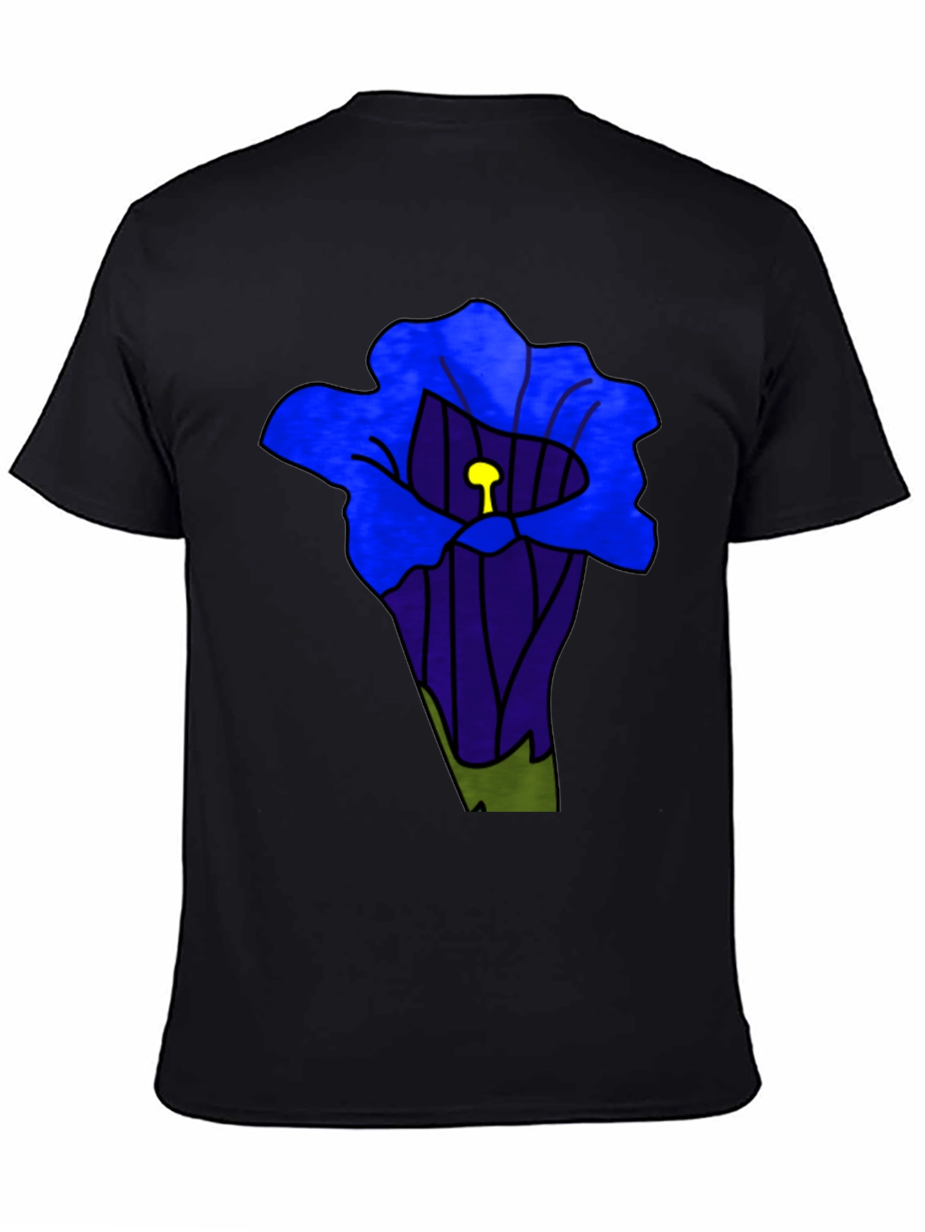 Blue Flower Graphic Black T-Shirt