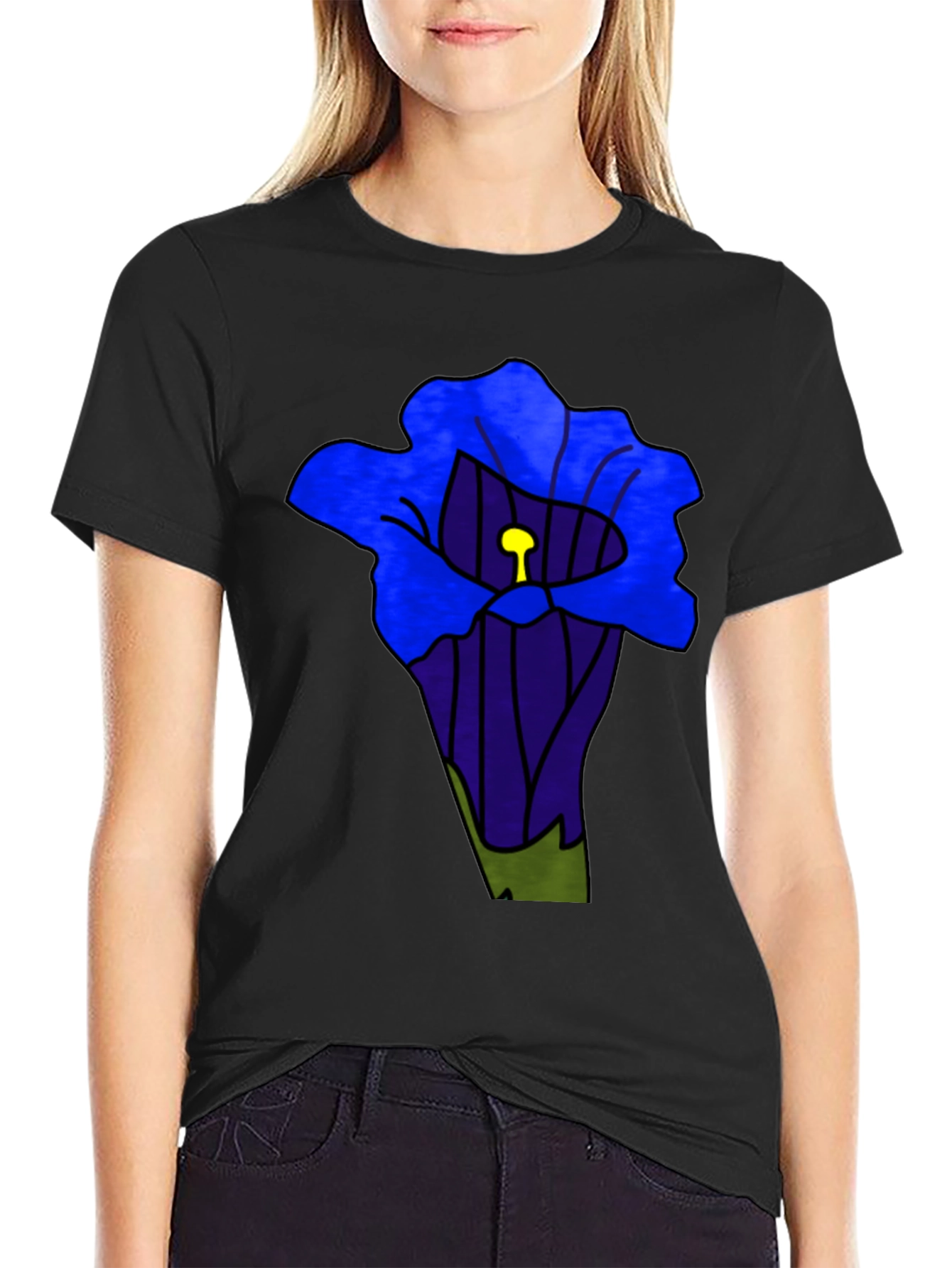 Blue Flower Graphic Black T-Shirt
