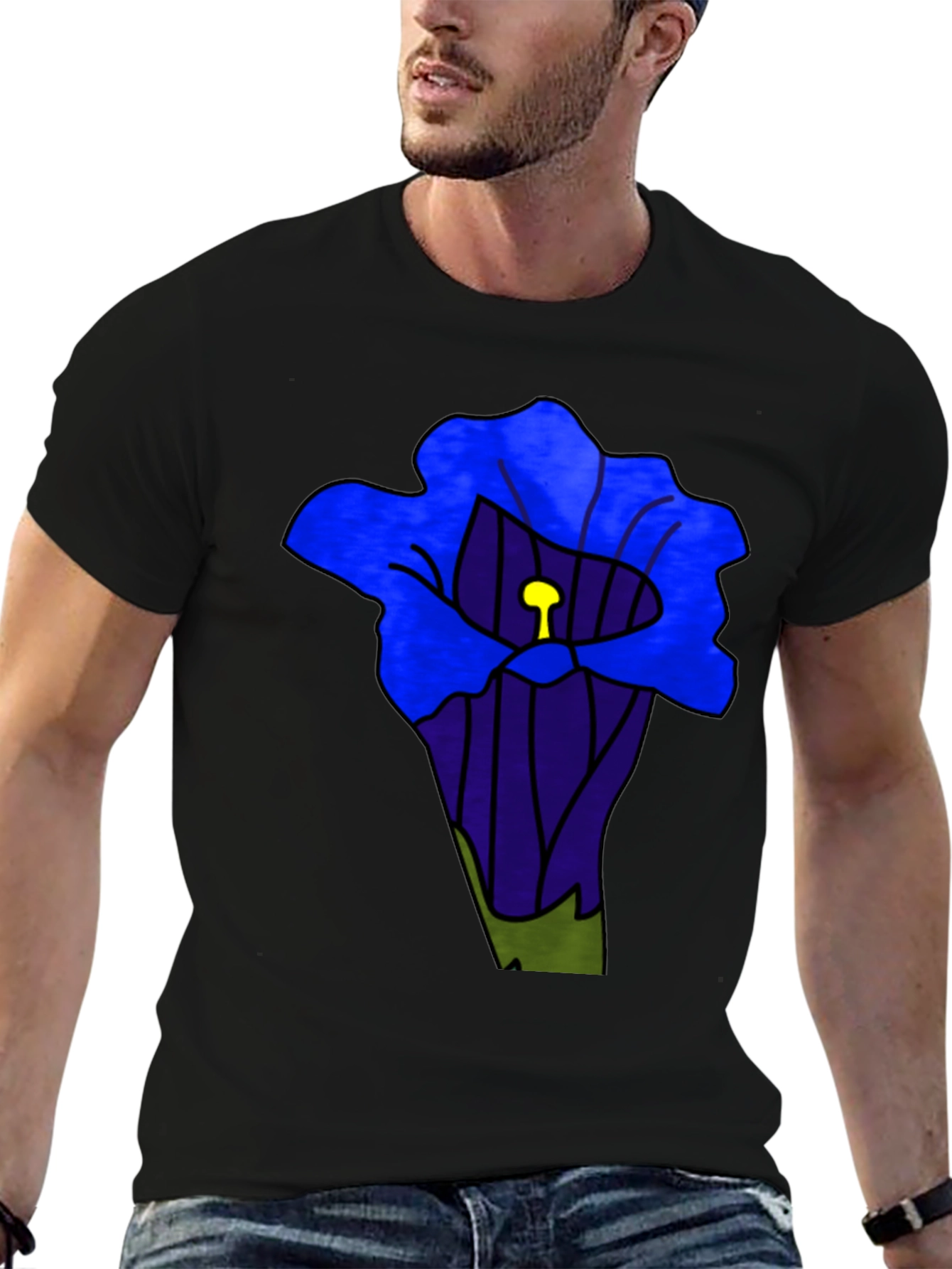 Blue Flower Graphic Black T-Shirt