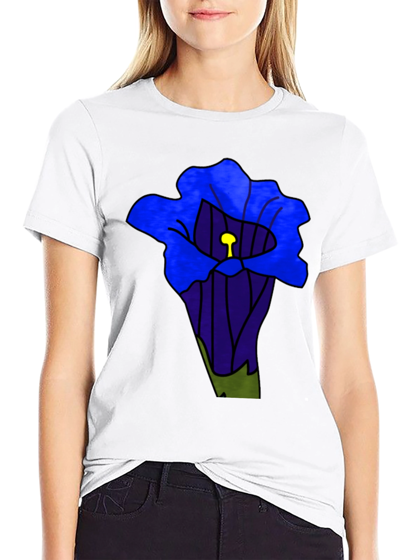 Blue Flower Graphic Black T-Shirt
