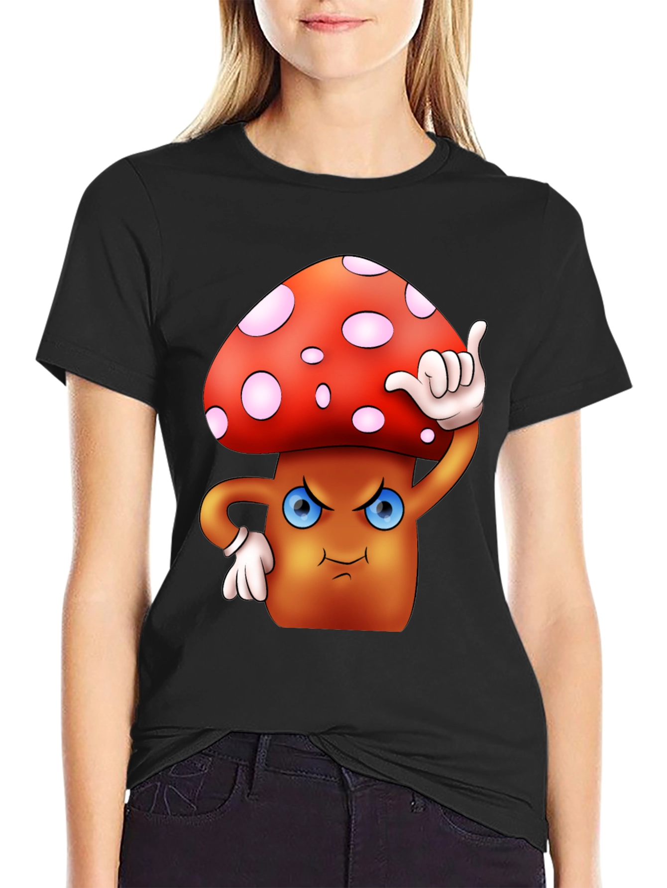 Cartoon Mushroom Graphic T-Shirt - Black