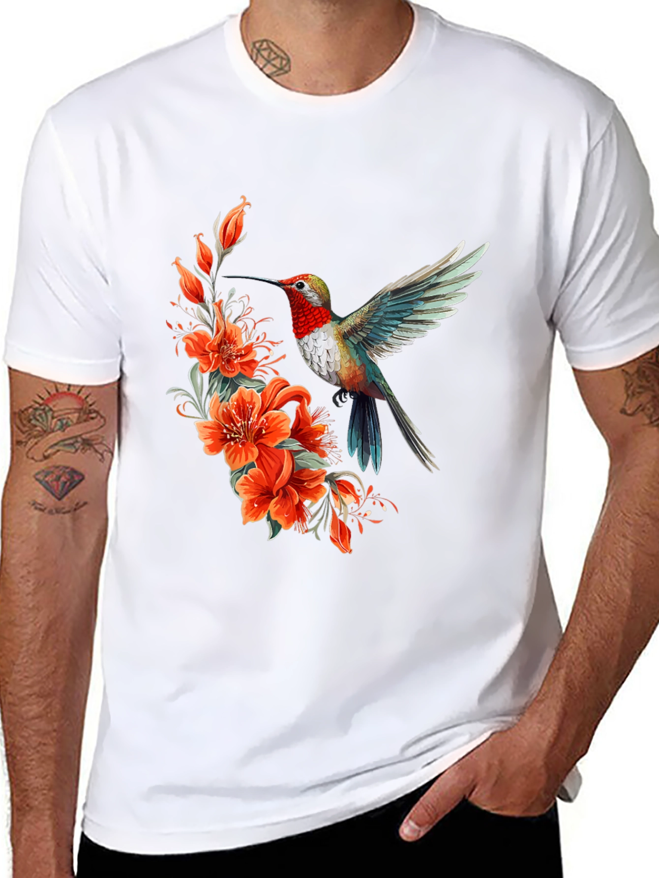 Hummingbird & Floral Print Black T-Shirt