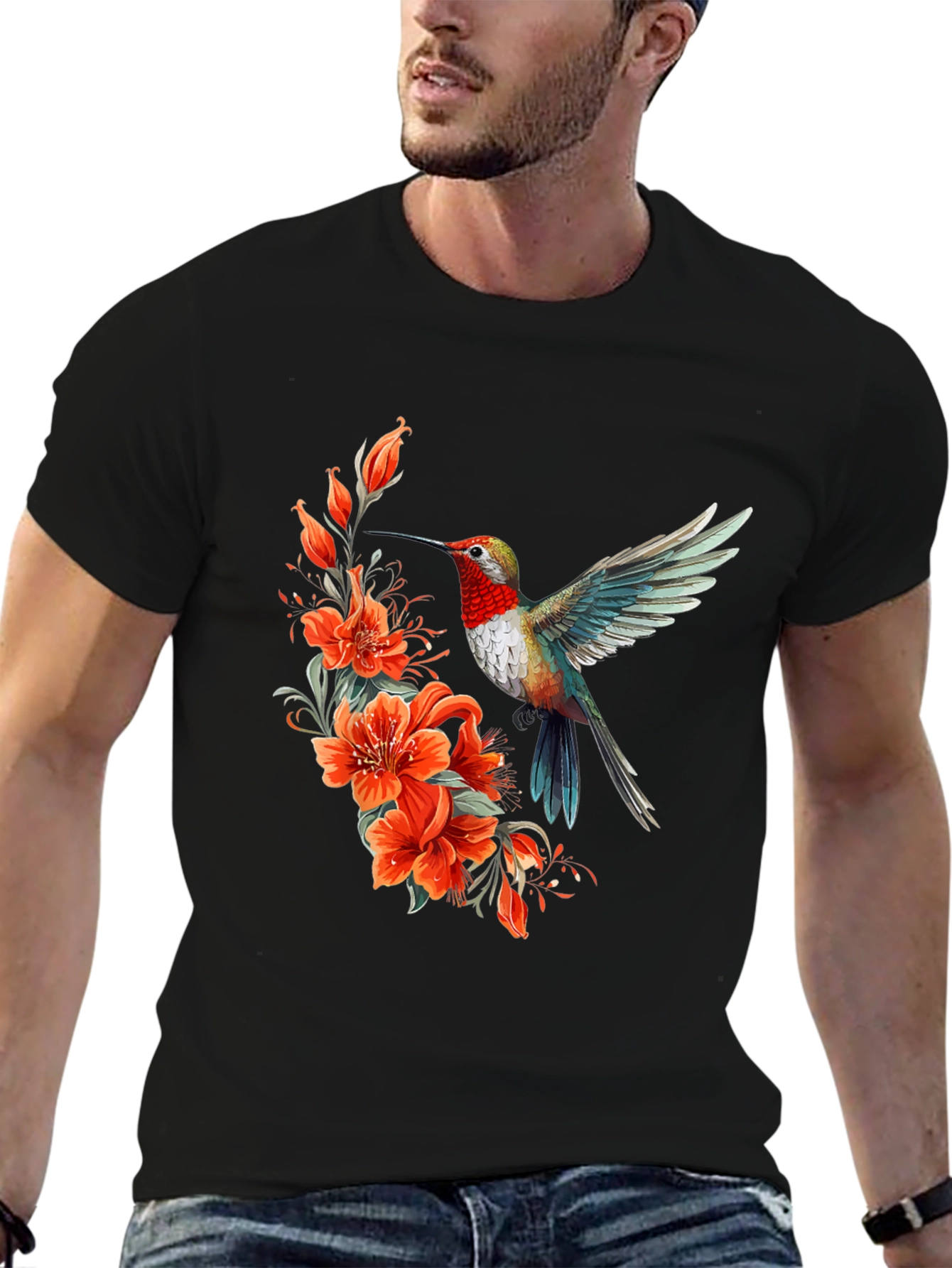 Hummingbird & Floral Print Black T-Shirt
