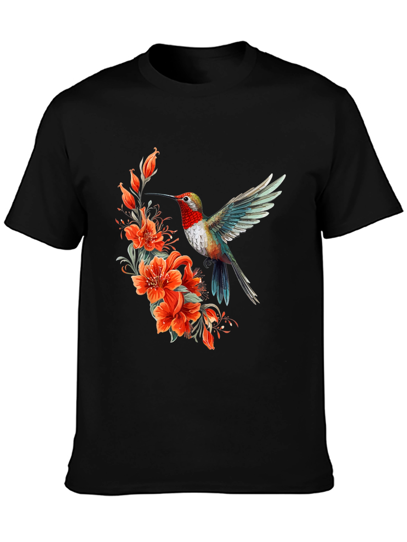 Hummingbird & Floral Print Black T-Shirt