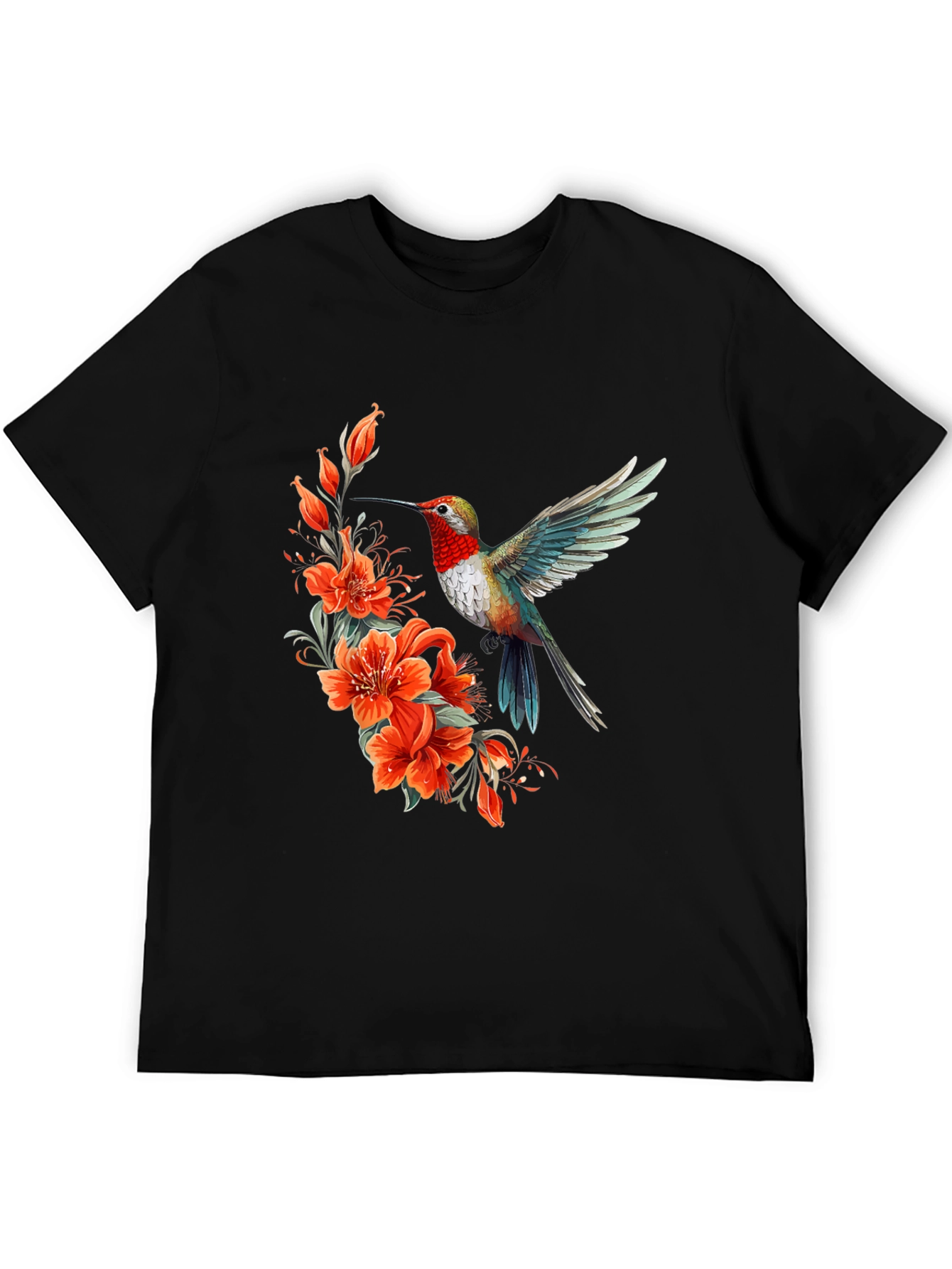 Hummingbird & Floral Print Black T-Shirt