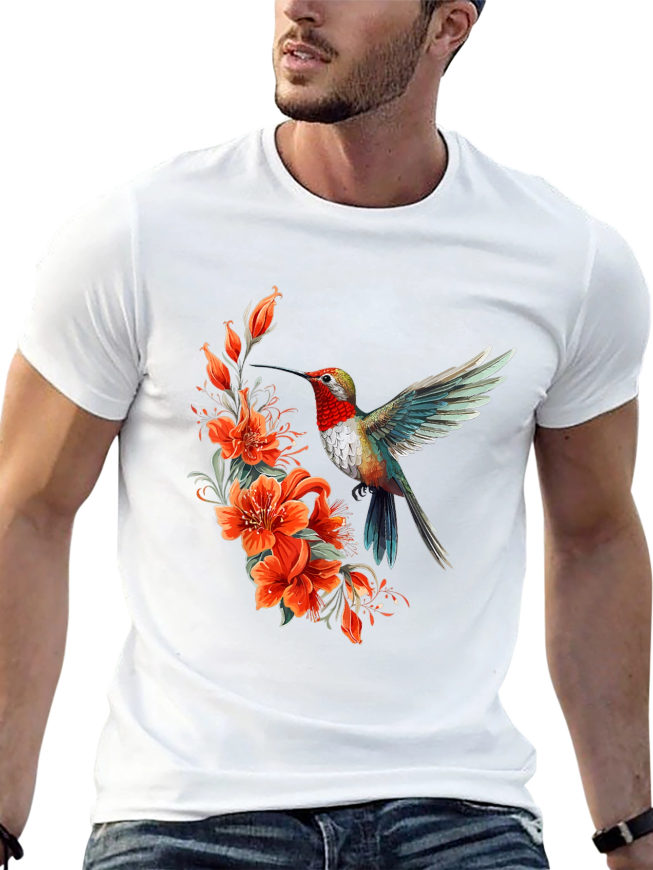 Hummingbird & Floral Print Black T-Shirt