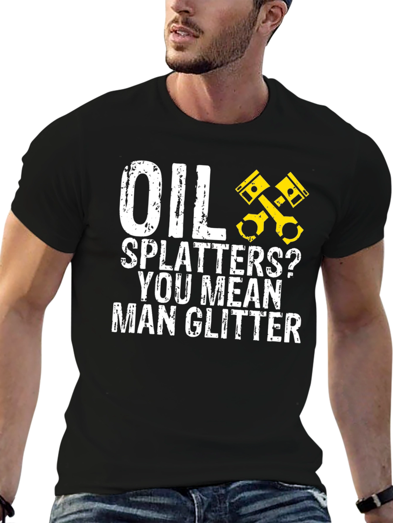 Oil Splatters? Man Glitter Black Graphic Tee