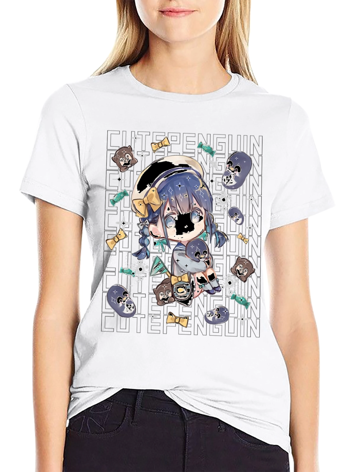 Cute Penguin Anime T-Shirt - Black