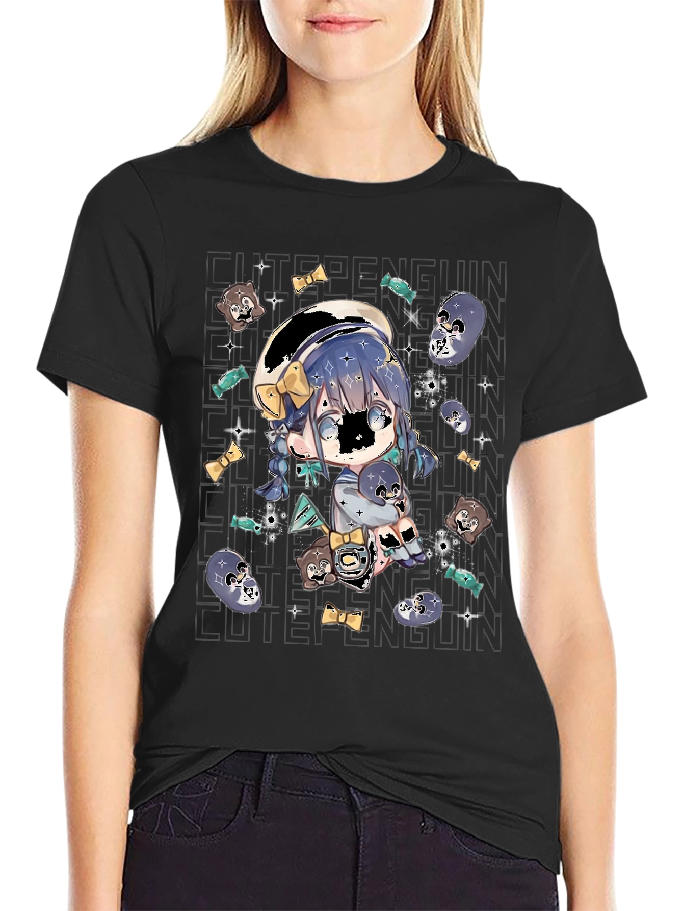 Cute Penguin Anime T-Shirt - Black