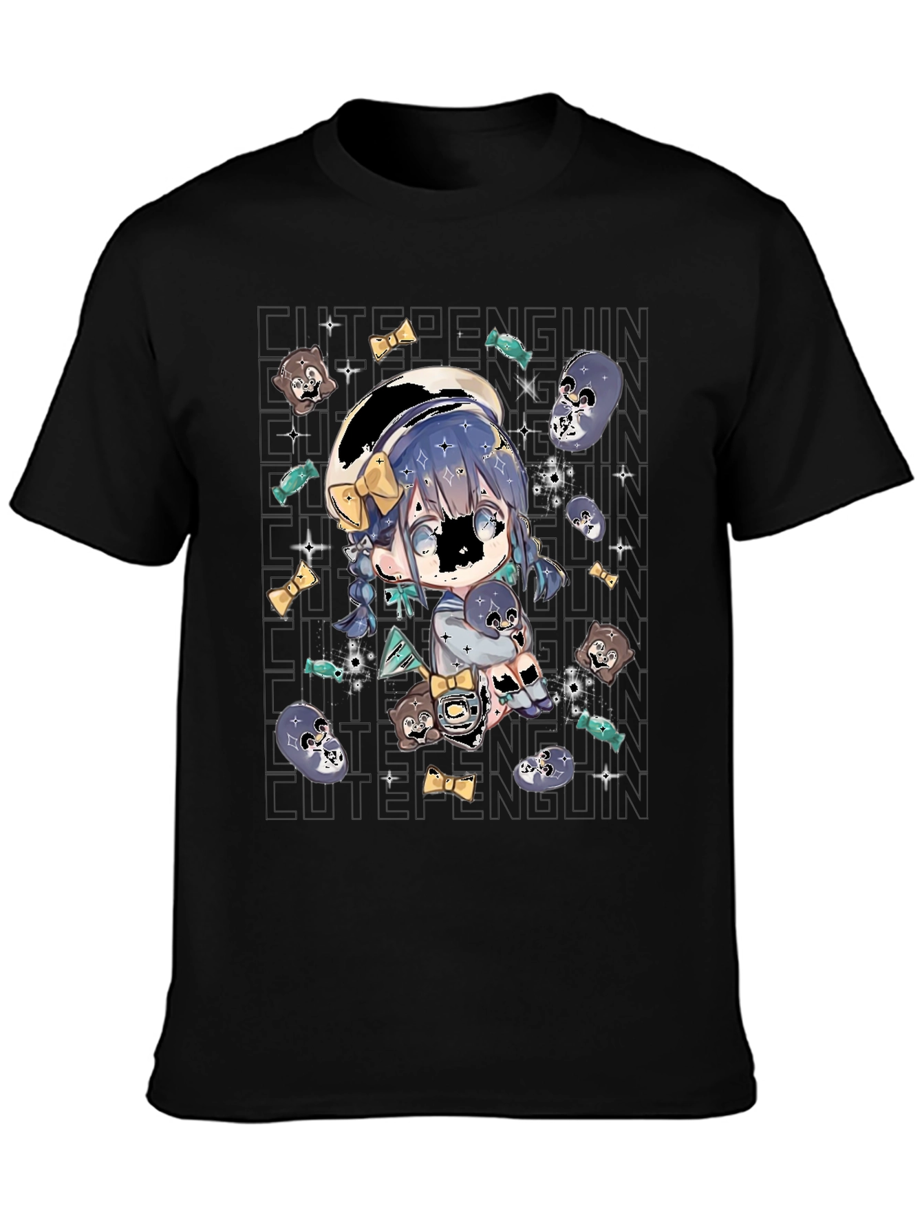 Cute Penguin Anime T-Shirt - Black