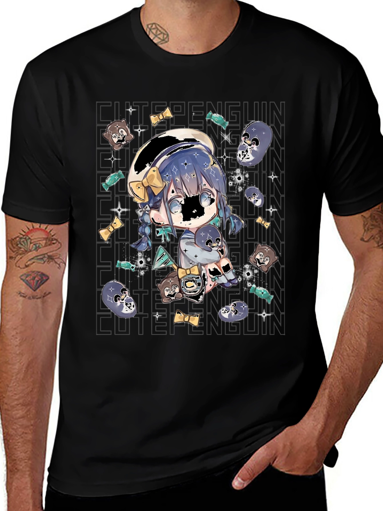Cute Penguin Anime T-Shirt - Black
