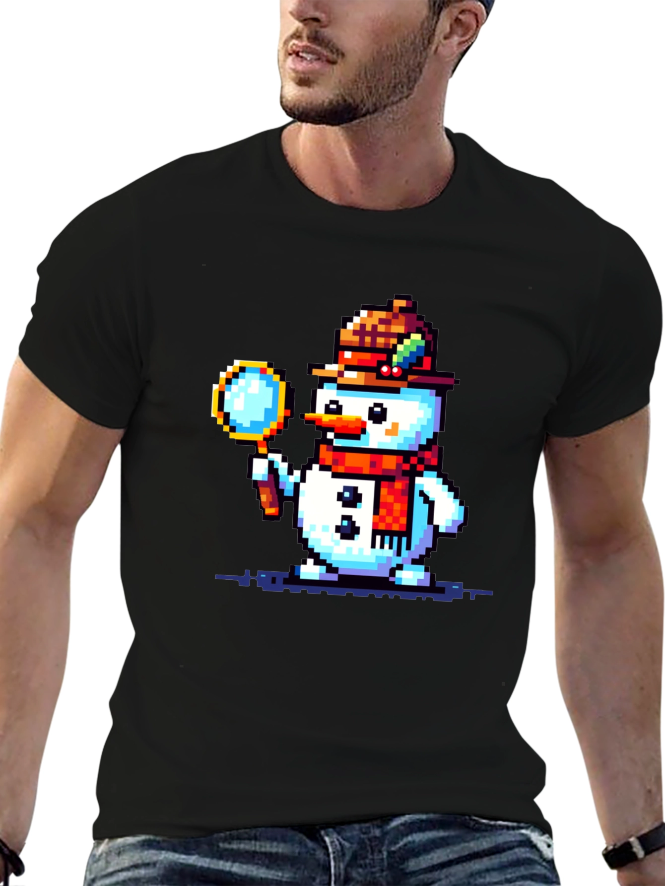 Pixel Art Snowman Detective Graphic Tee