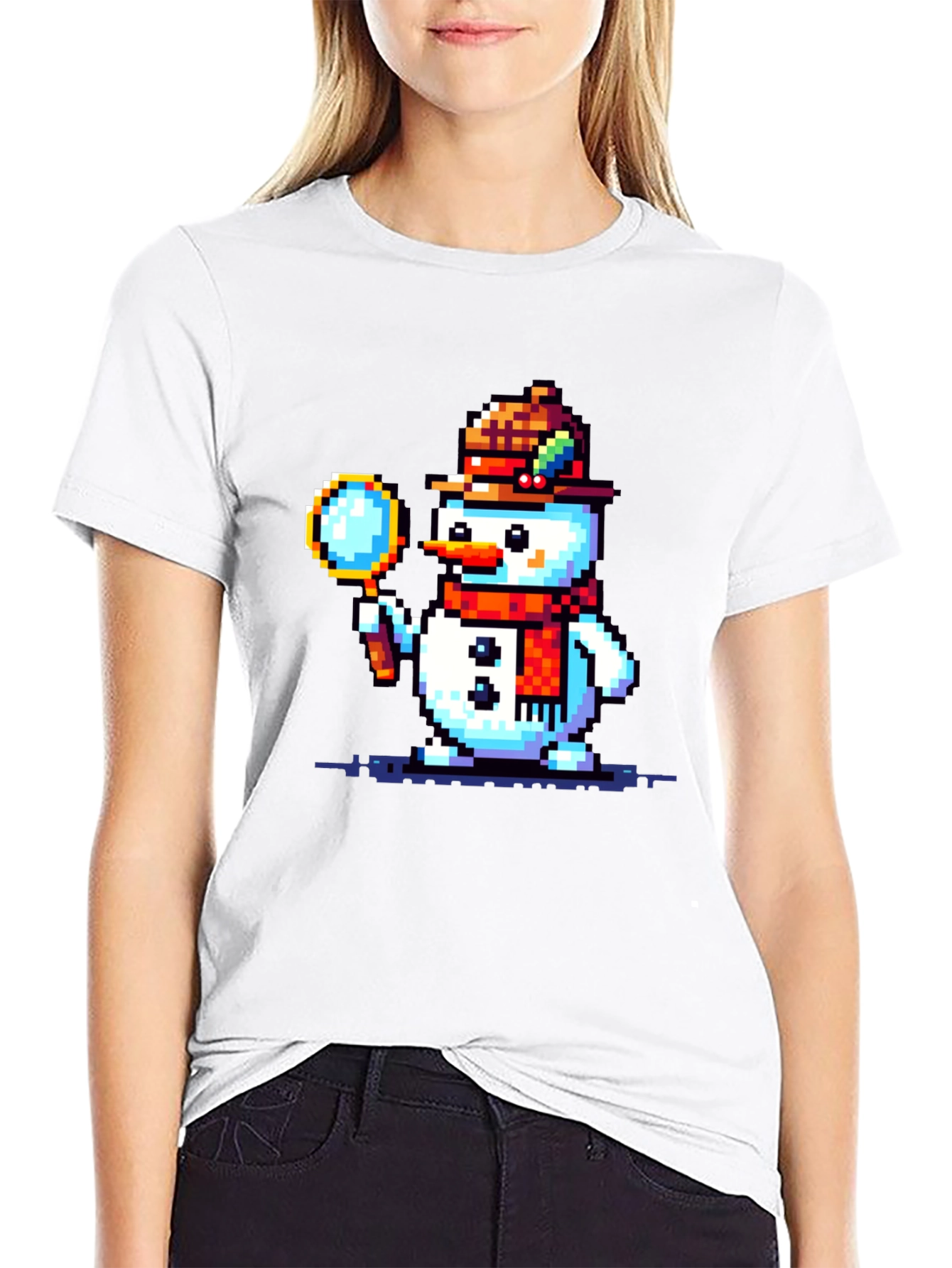 Pixel Art Snowman Detective Graphic Tee