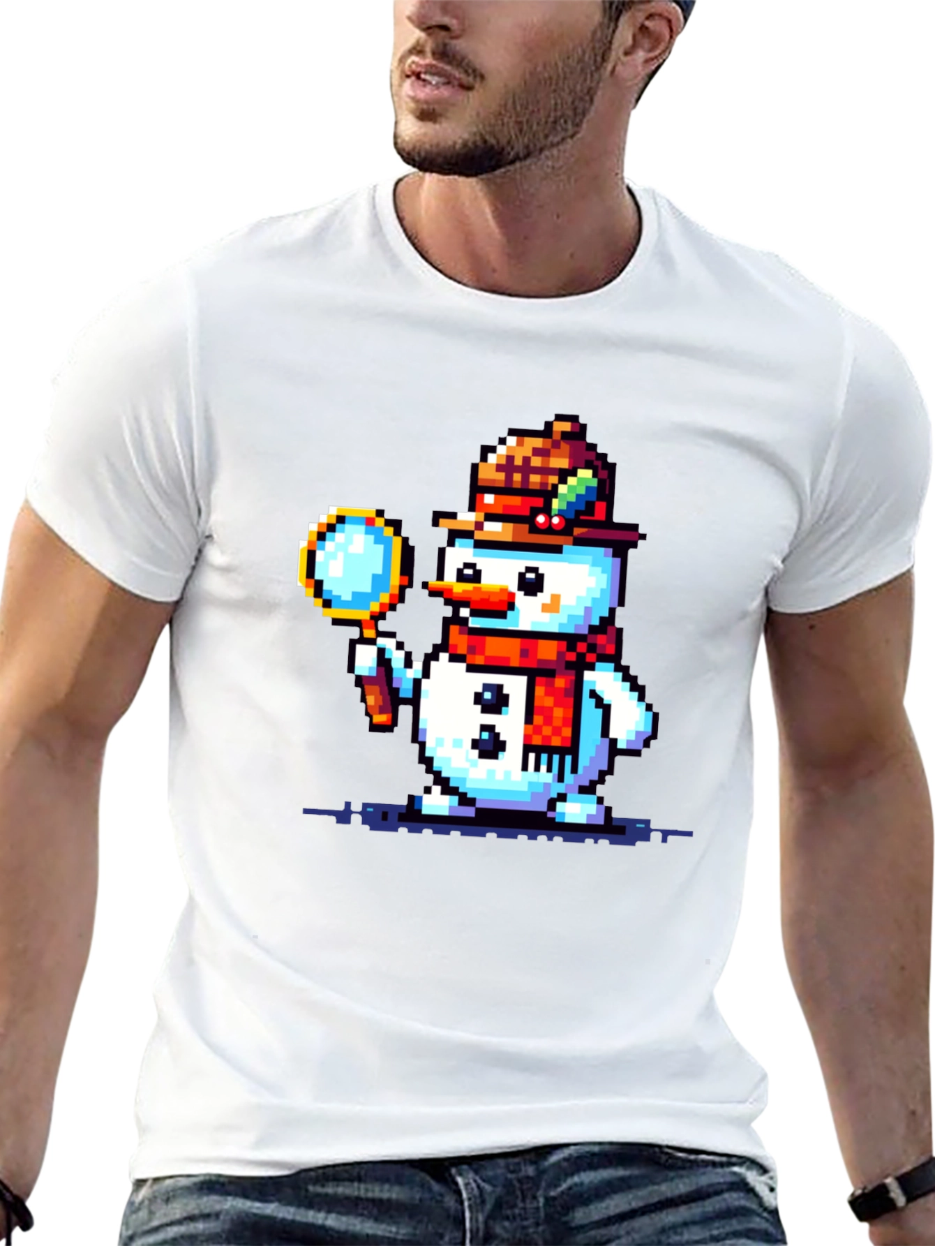 Pixel Art Snowman Detective Graphic Tee