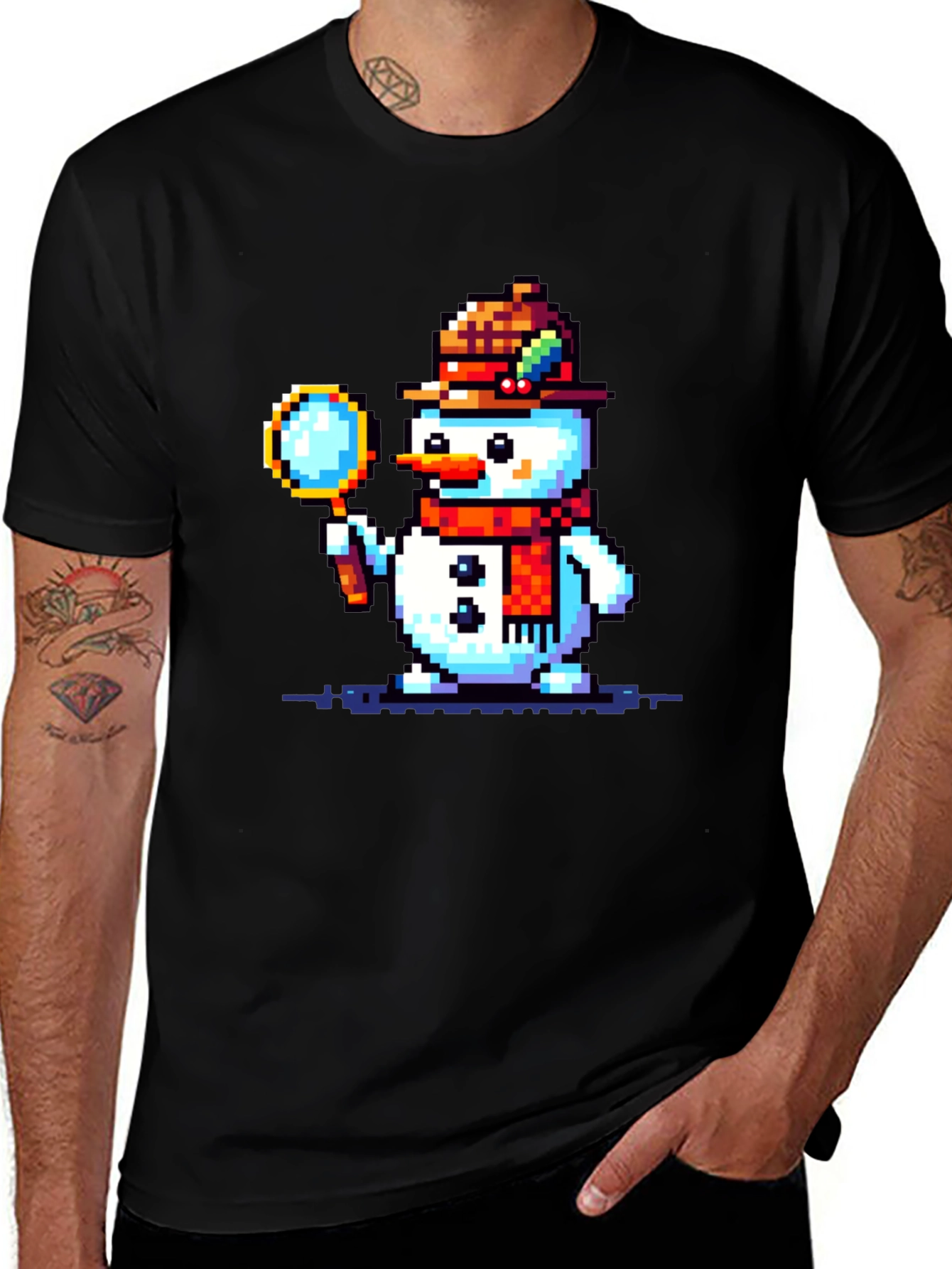 Pixel Art Snowman Detective Graphic Tee