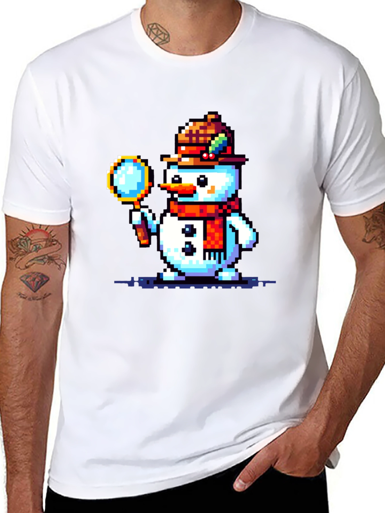 Pixel Art Snowman Detective Graphic Tee