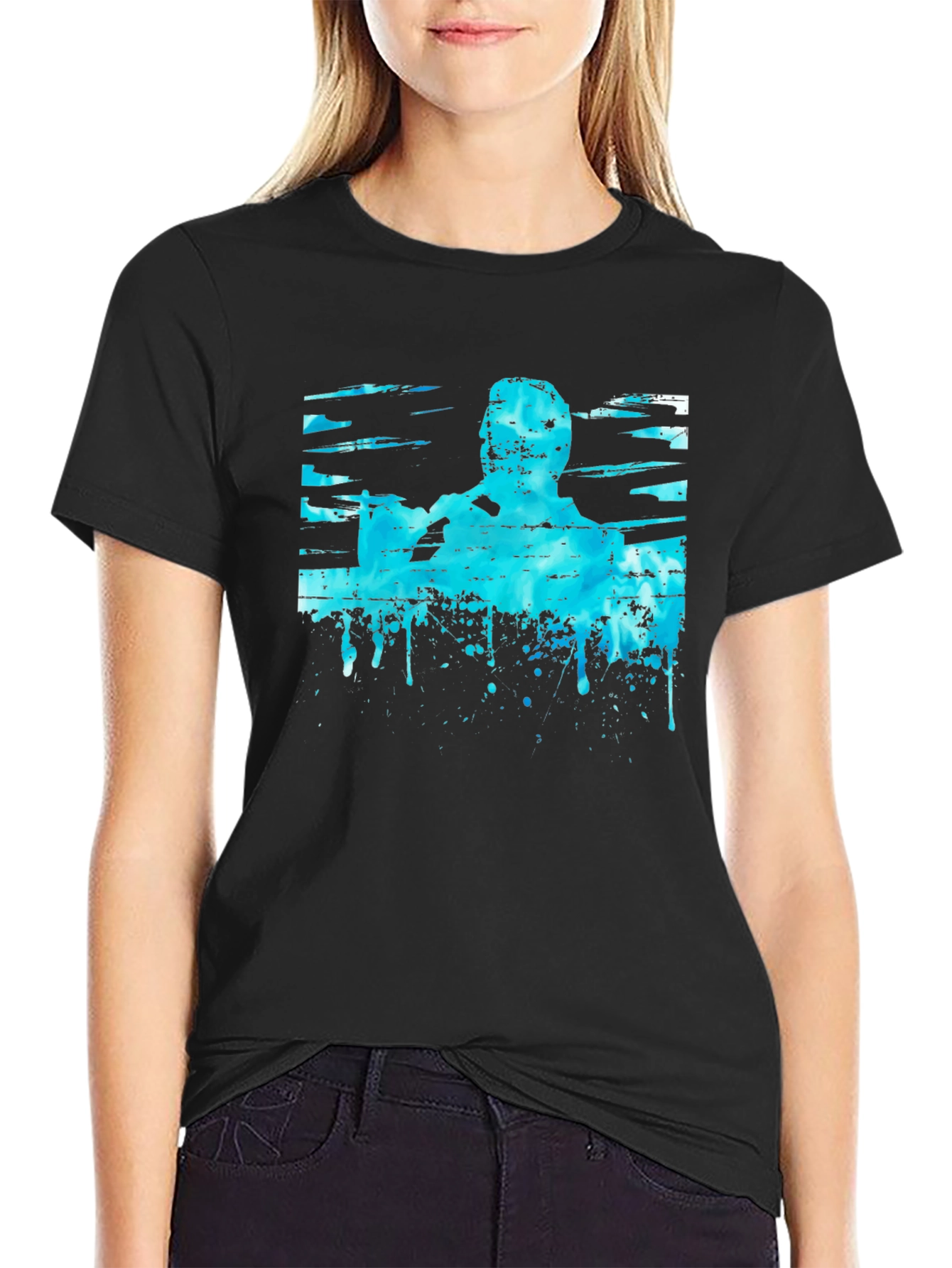Abstract Blue Graphic Print Black T-Shirt