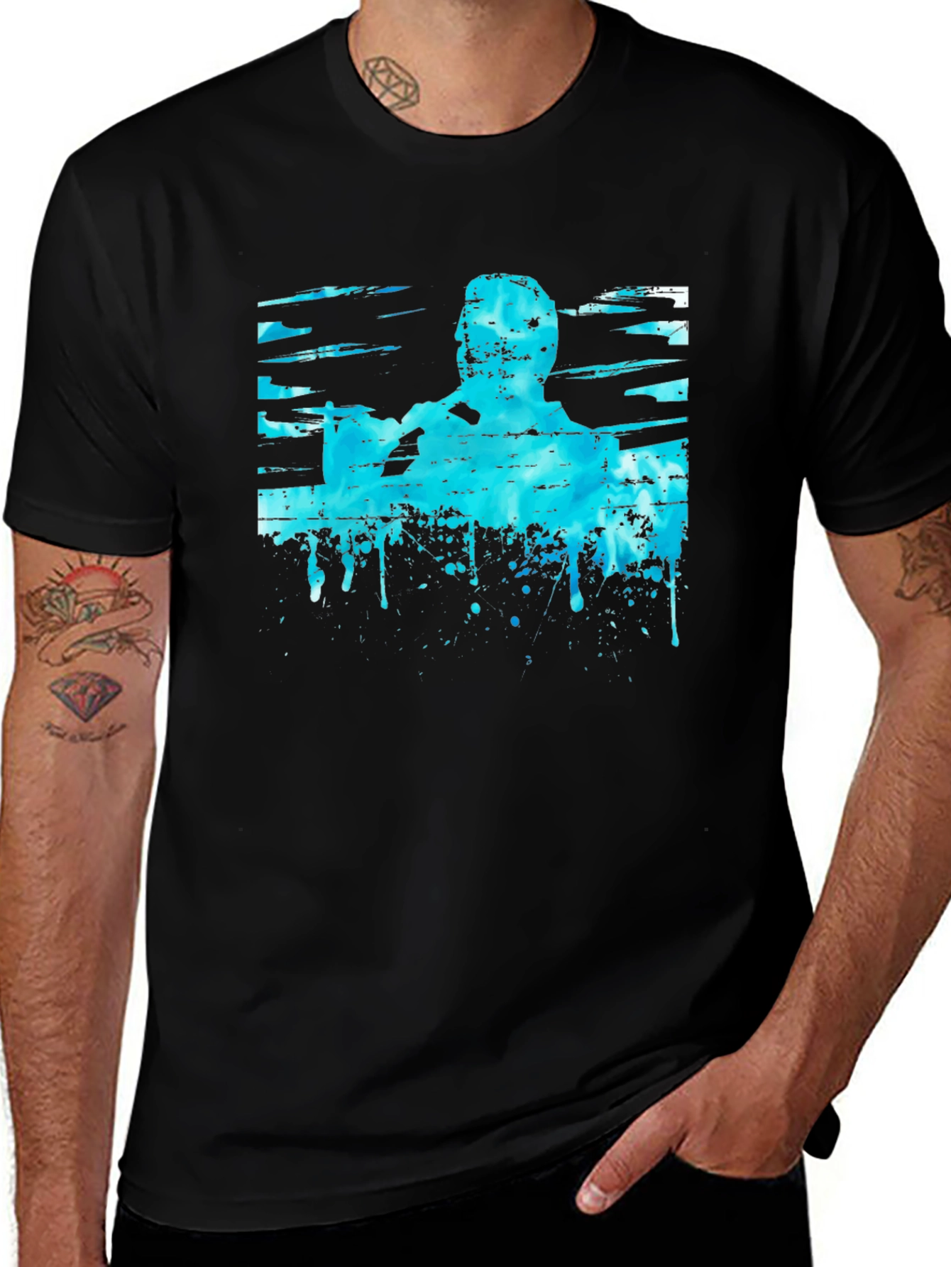 Abstract Blue Graphic Print Black T-Shirt