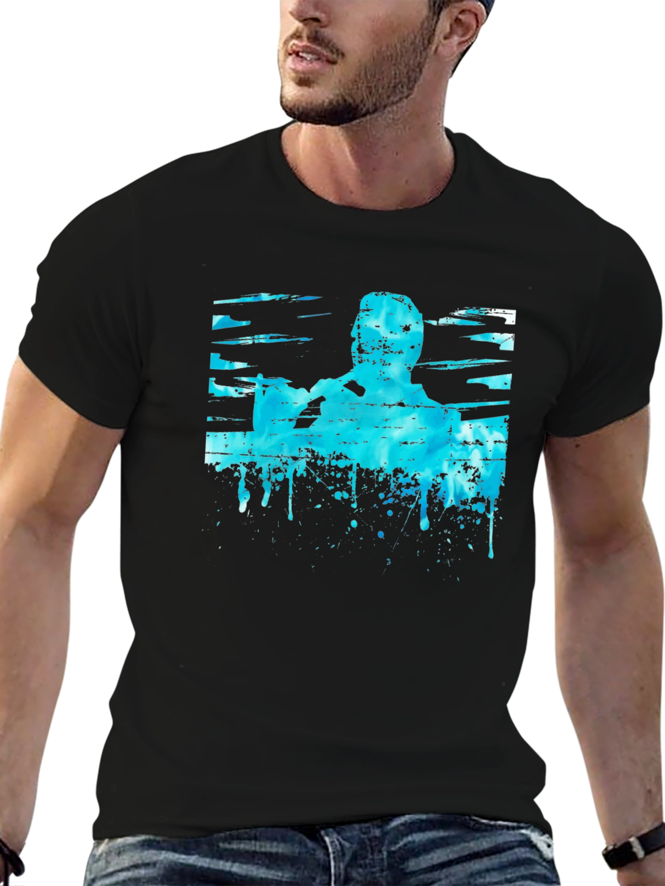 Abstract Blue Graphic Print Black T-Shirt