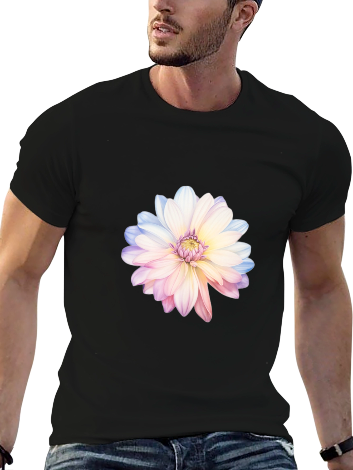 Floral Print T-Shirt - Black Cotton Blend