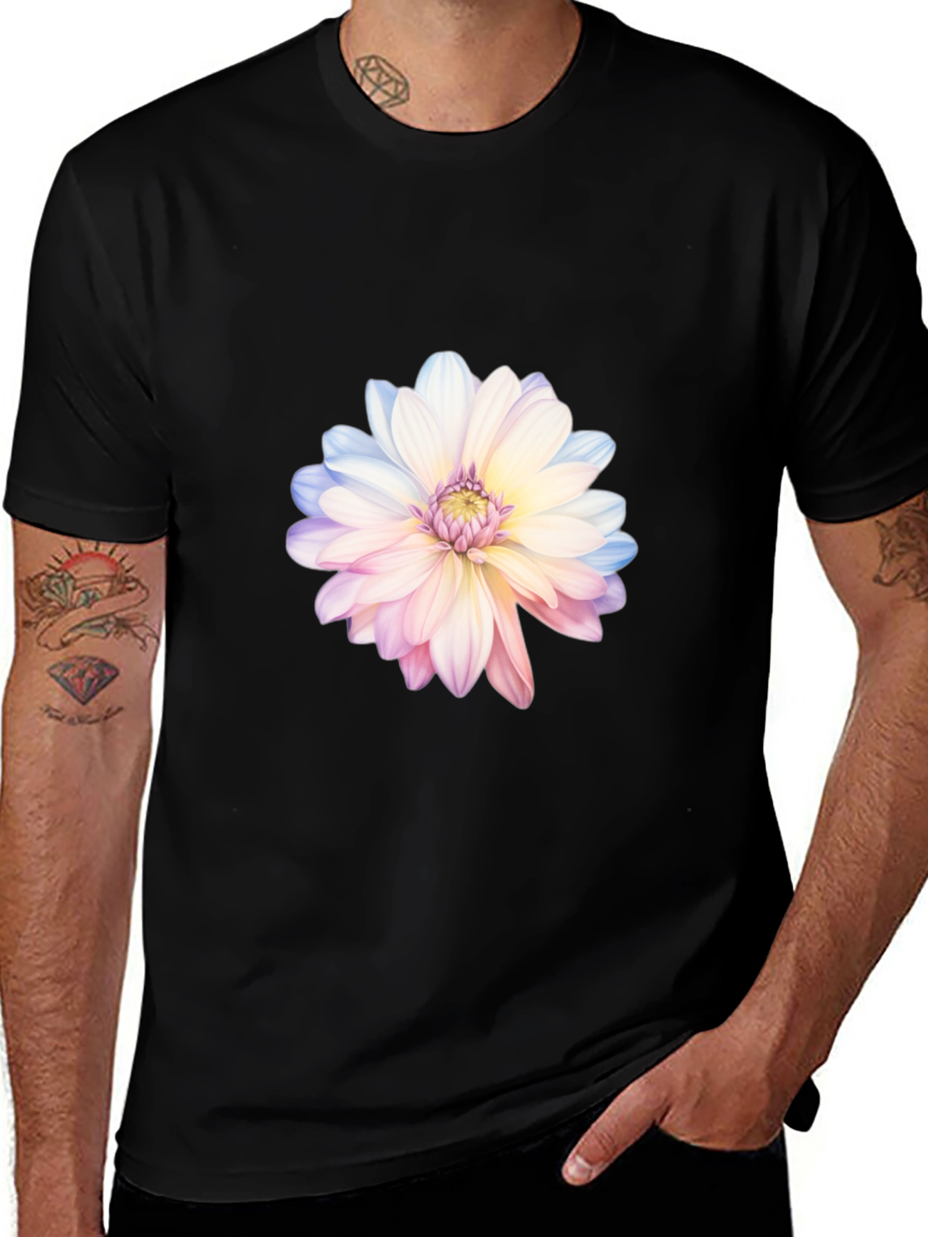 Floral Print T-Shirt - Black Cotton Blend