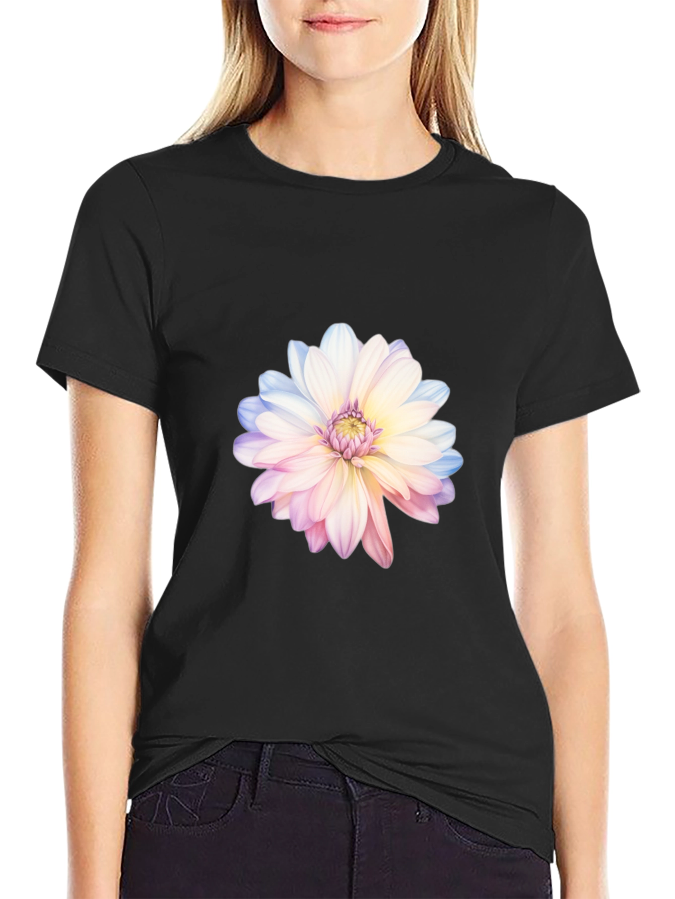 Floral Print T-Shirt - Black Cotton Blend