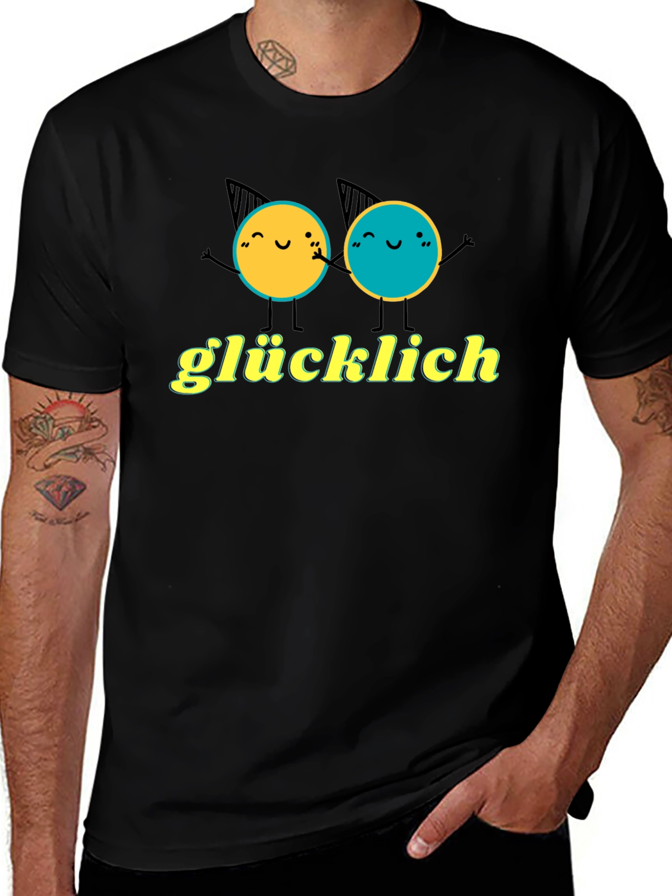 Glücklich Black T-Shirt with Cheerful Graphic