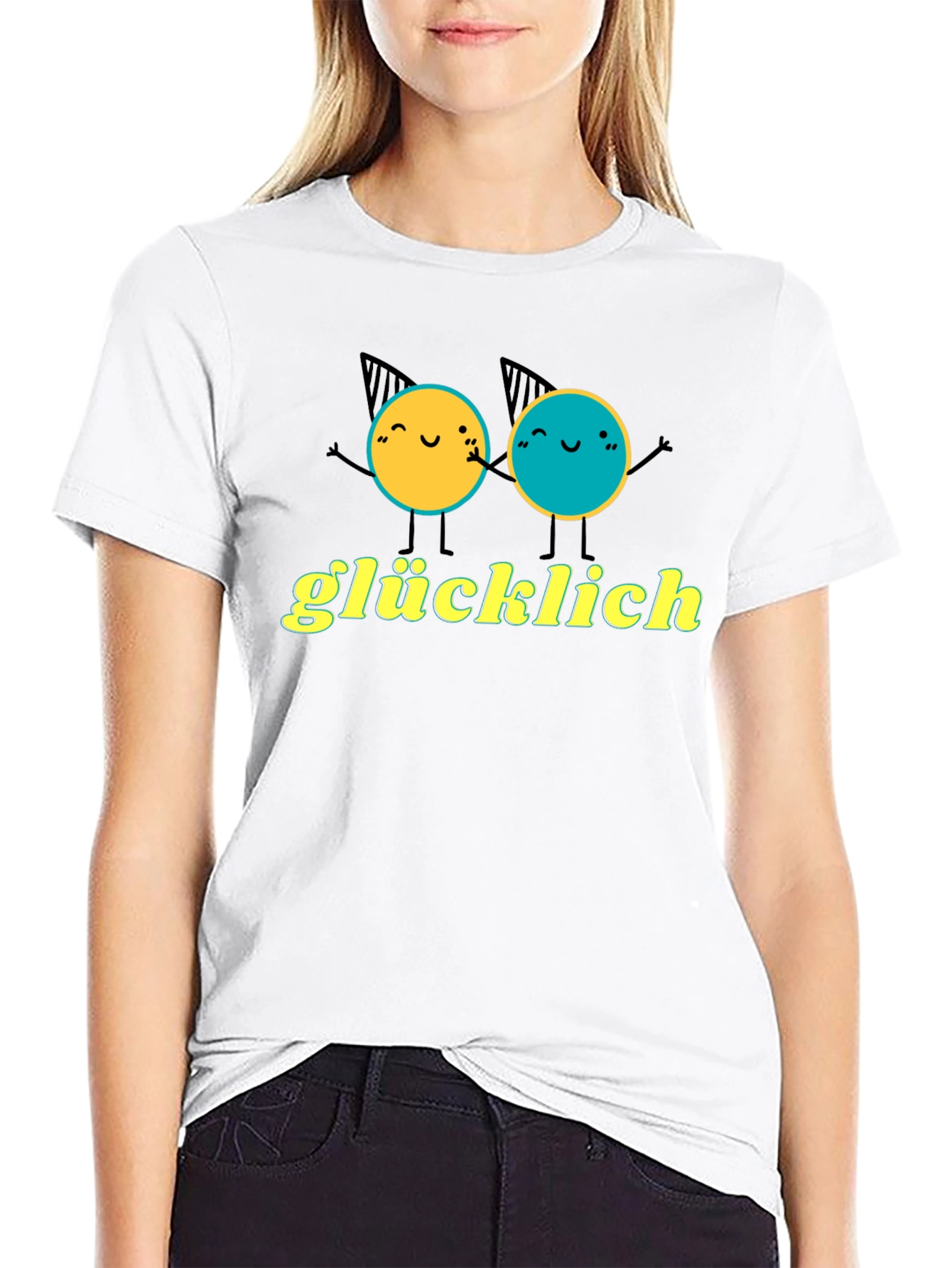 Glücklich Black T-Shirt with Cheerful Graphic