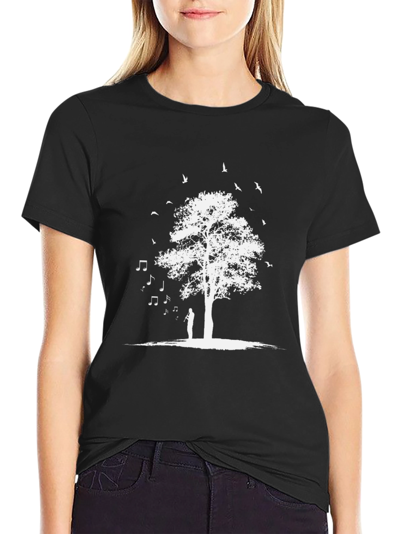 Nature Music T-Shirt - White Tree and Birds Design