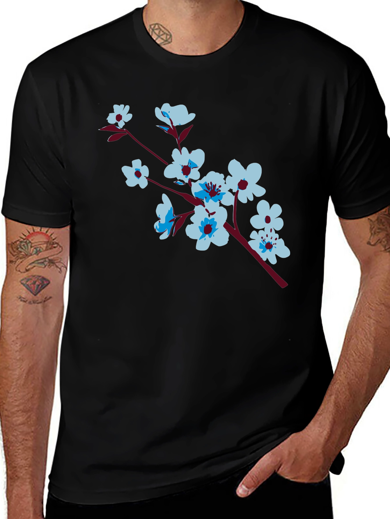 Floral Branch Print Black T-Shirt