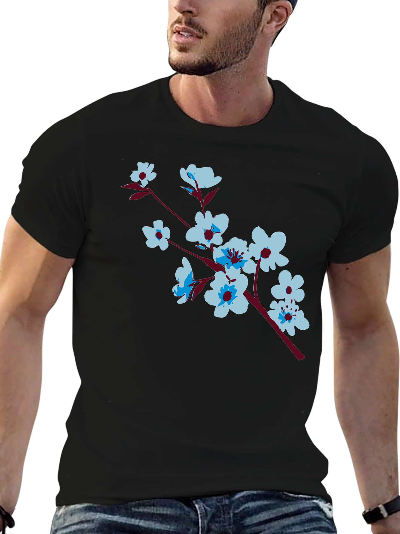 Floral Branch Print Black T-Shirt