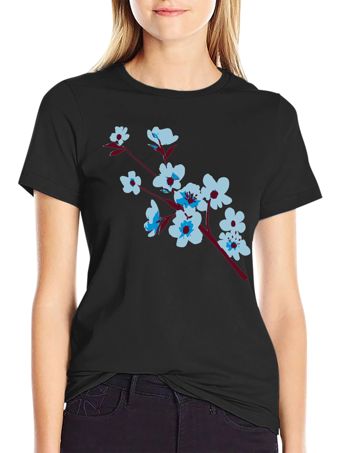Floral Branch Print Black T-Shirt