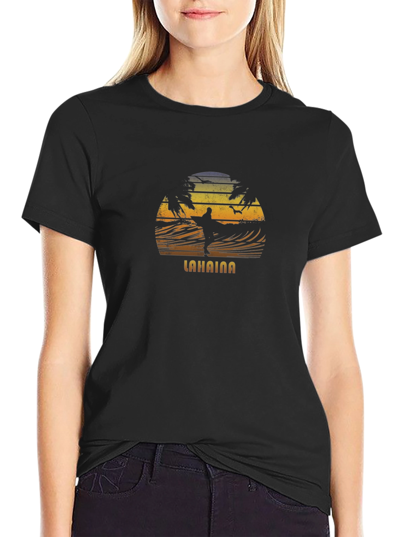 Lahaina Surfer Silhouette T-Shirt - Retro Sunset Design