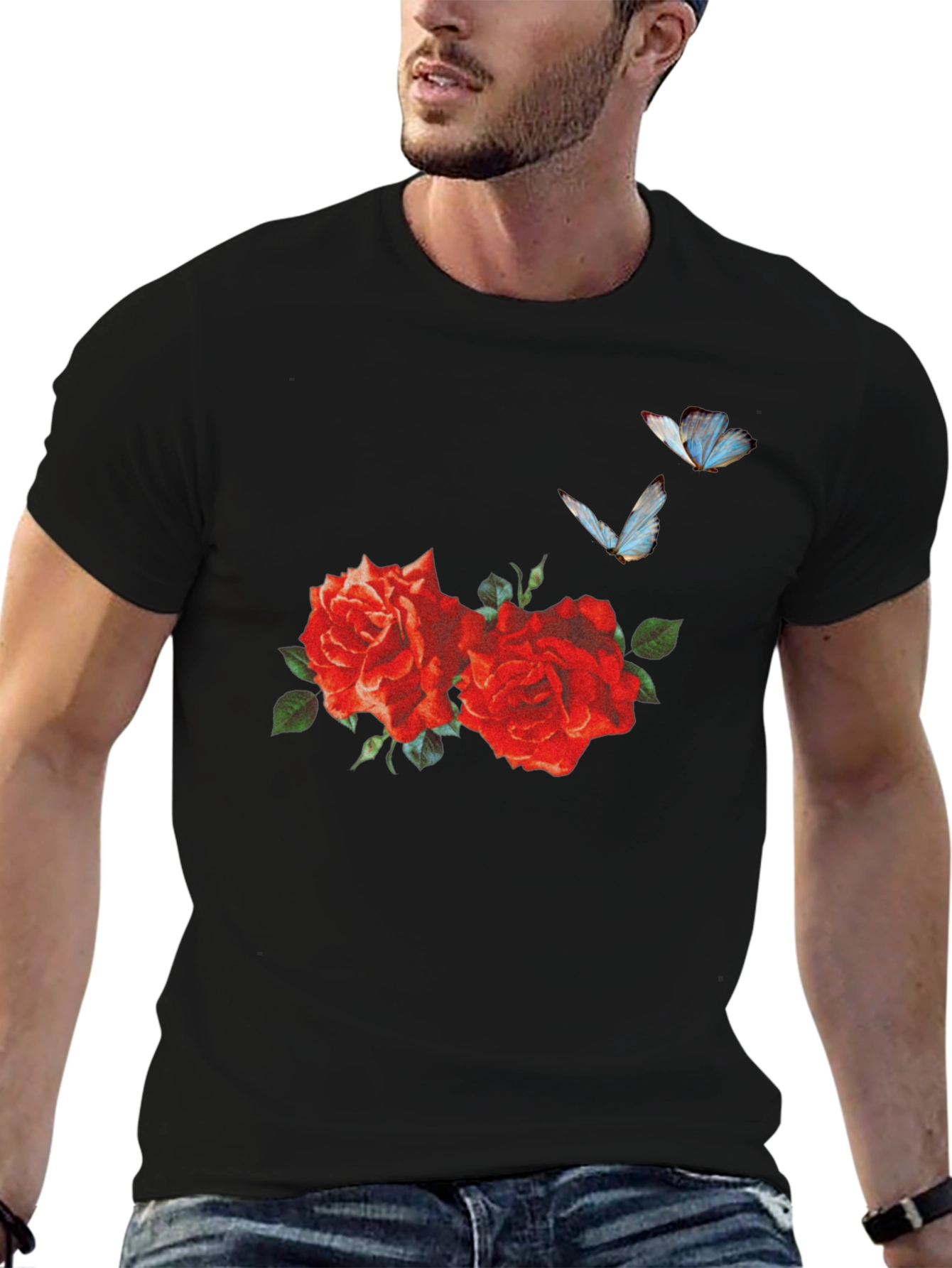 Roses & Butterflies Graphic Tee - Stylish Mens T-Shirt
