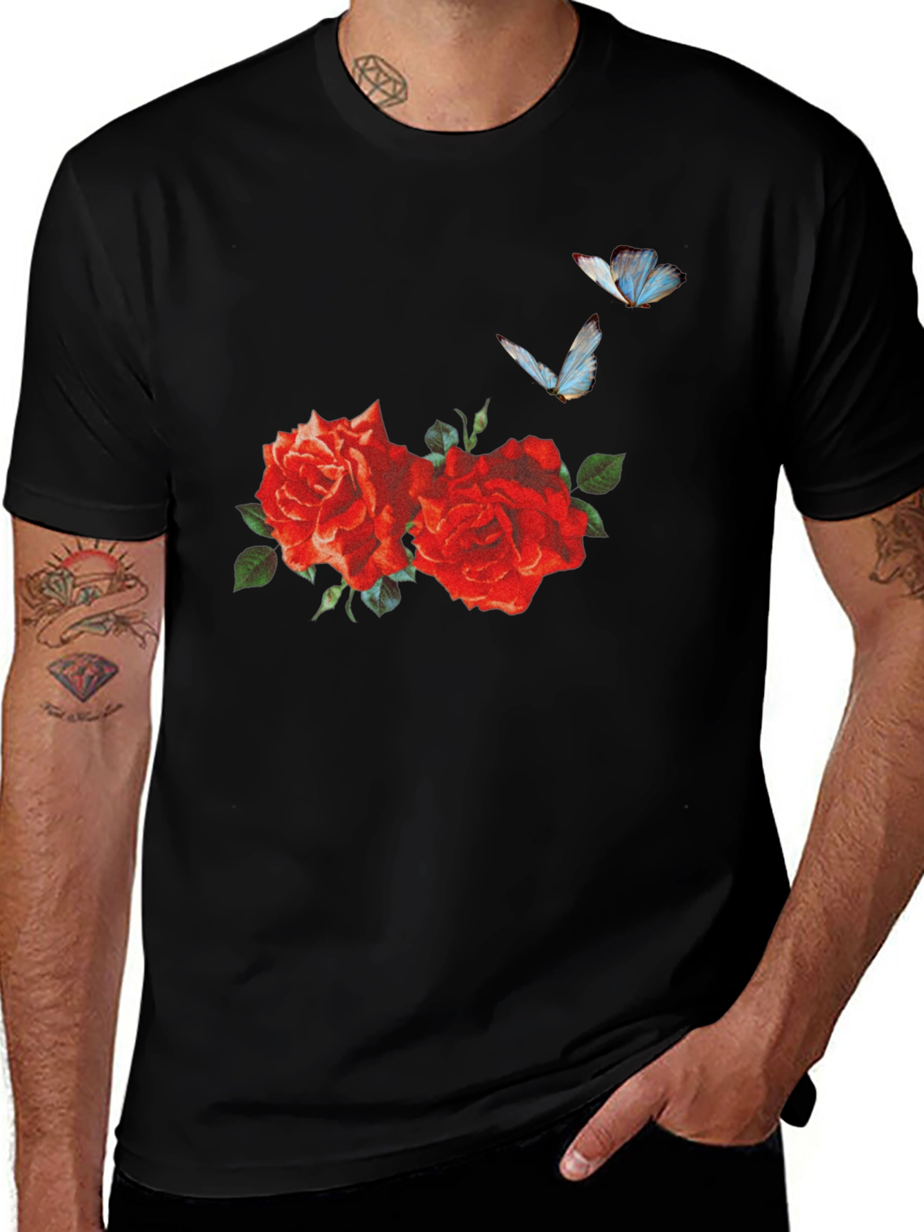 Roses & Butterflies Graphic Tee - Stylish Mens T-Shirt