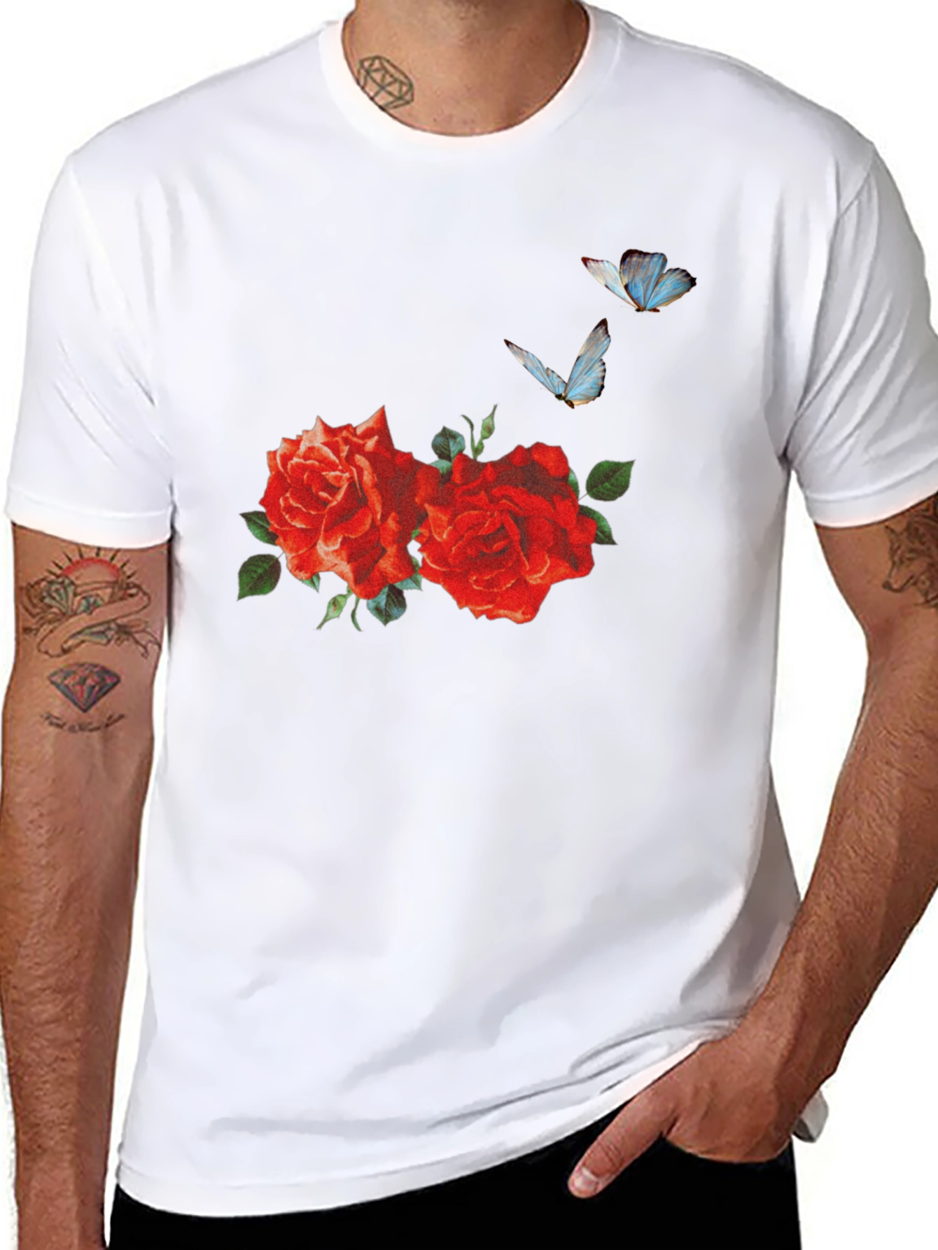 Roses & Butterflies Graphic Tee - Stylish Mens T-Shirt