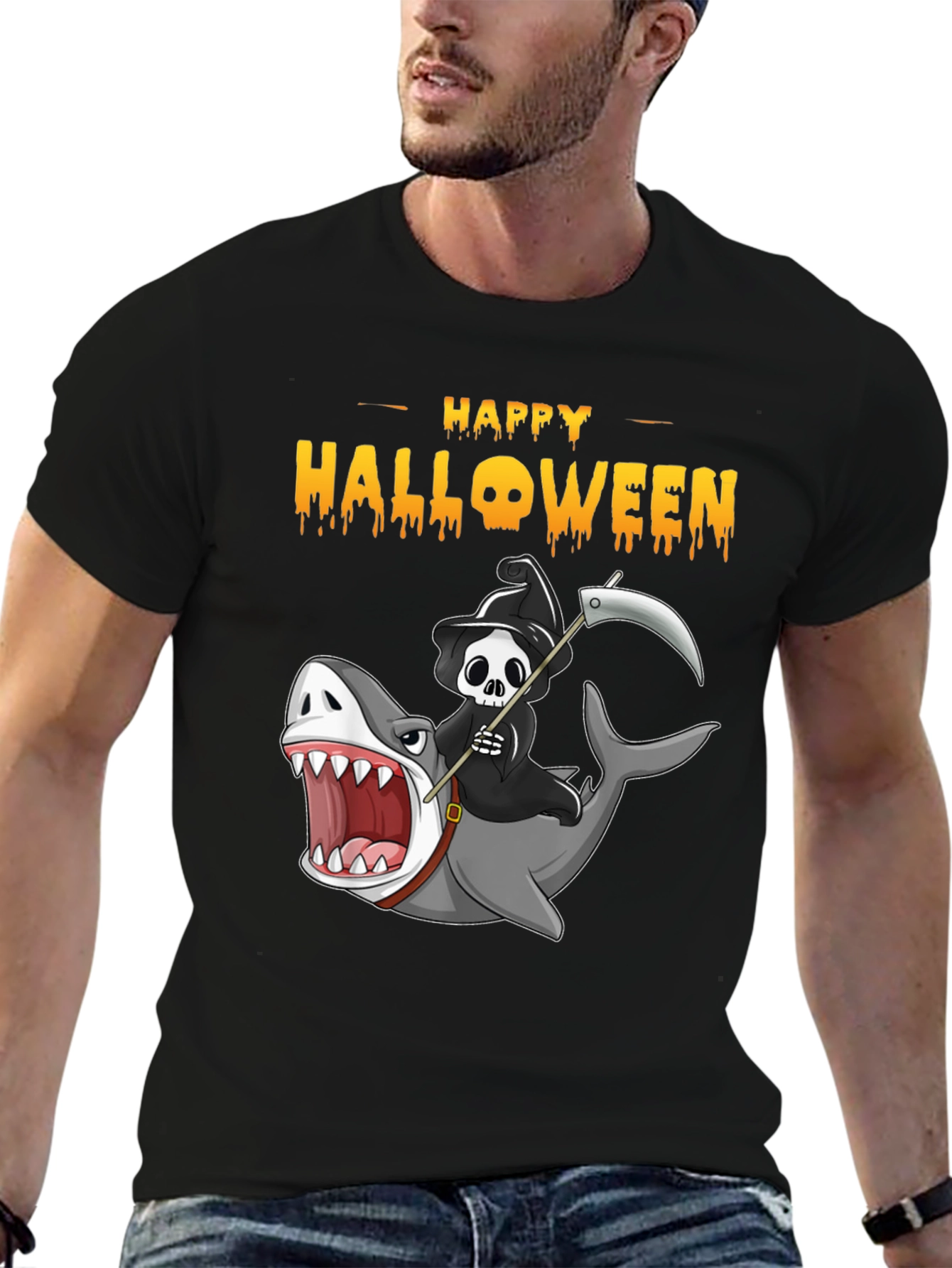 Happy Halloween Shark Reaper Graphic T-Shirt