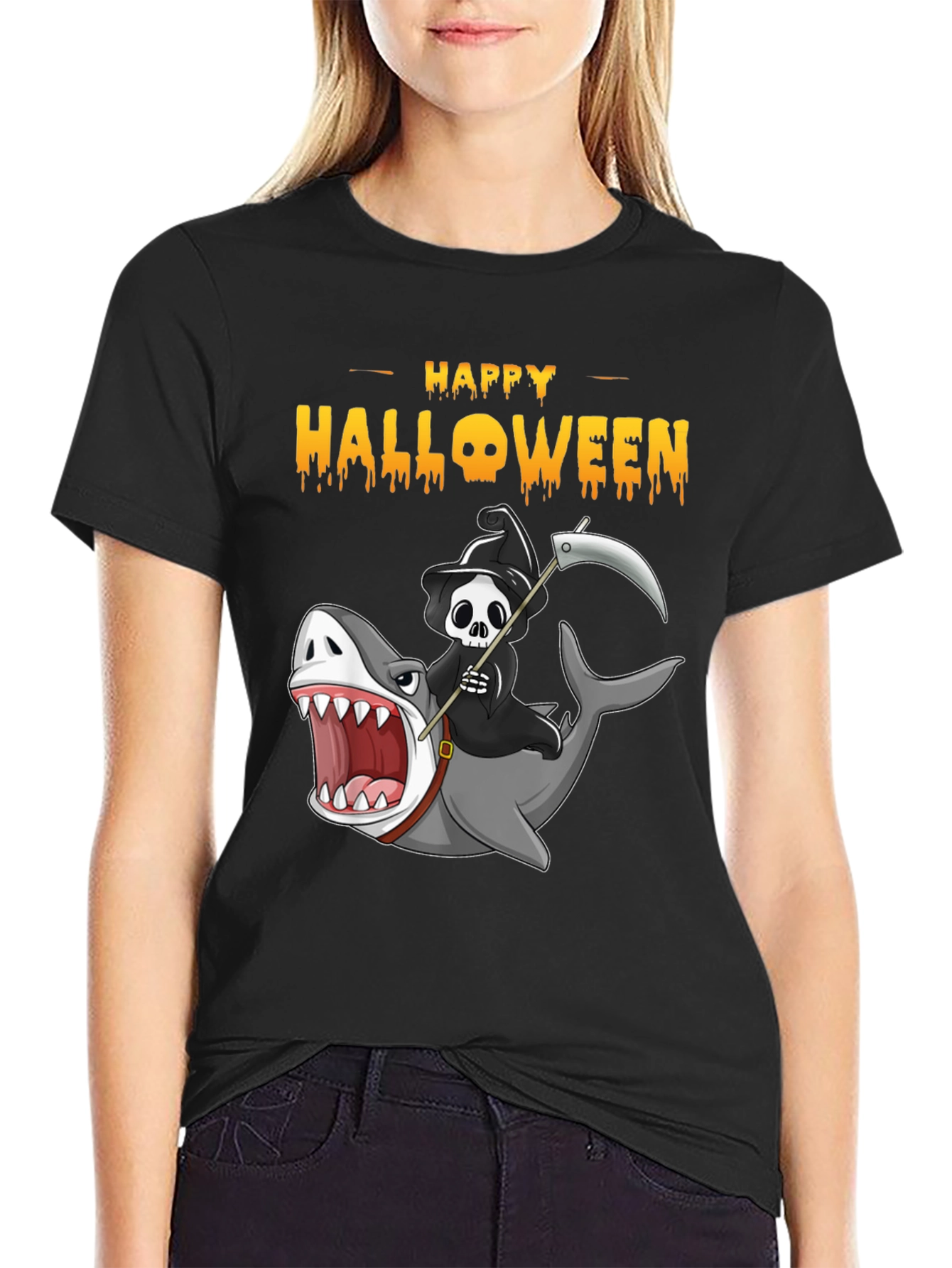 Happy Halloween Shark Reaper Graphic T-Shirt