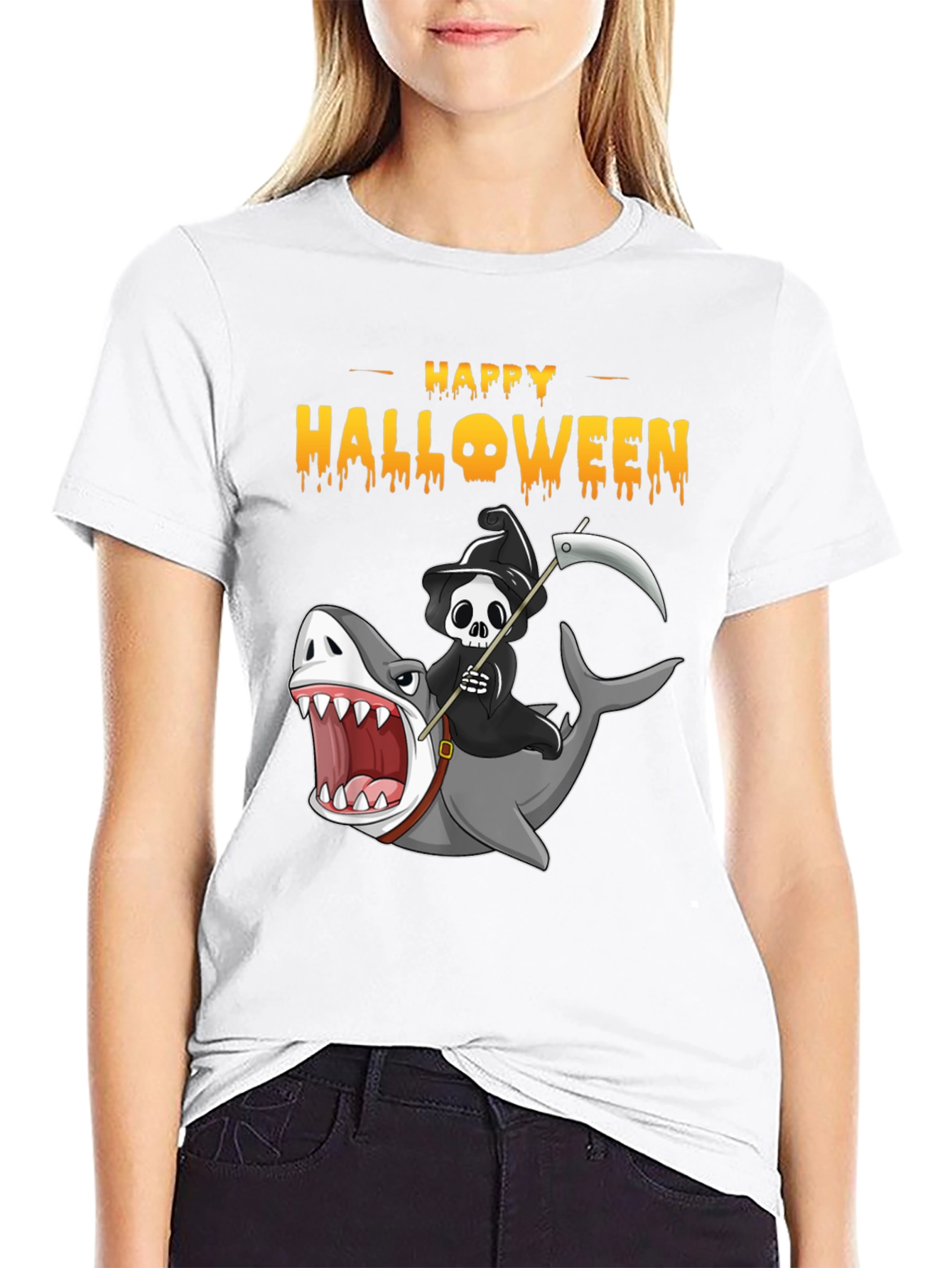 Happy Halloween Shark Reaper Graphic T-Shirt