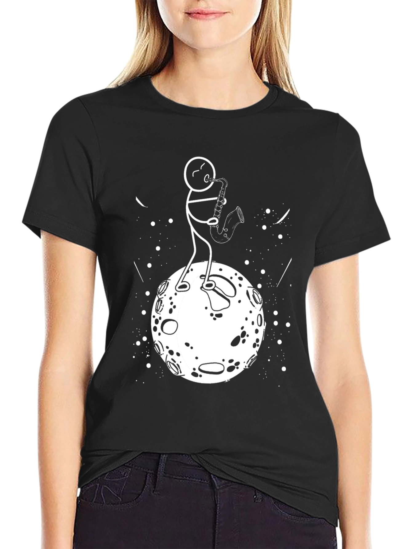 Moon Saxophone T-Shirt - Black Cotton Graphic Tee
