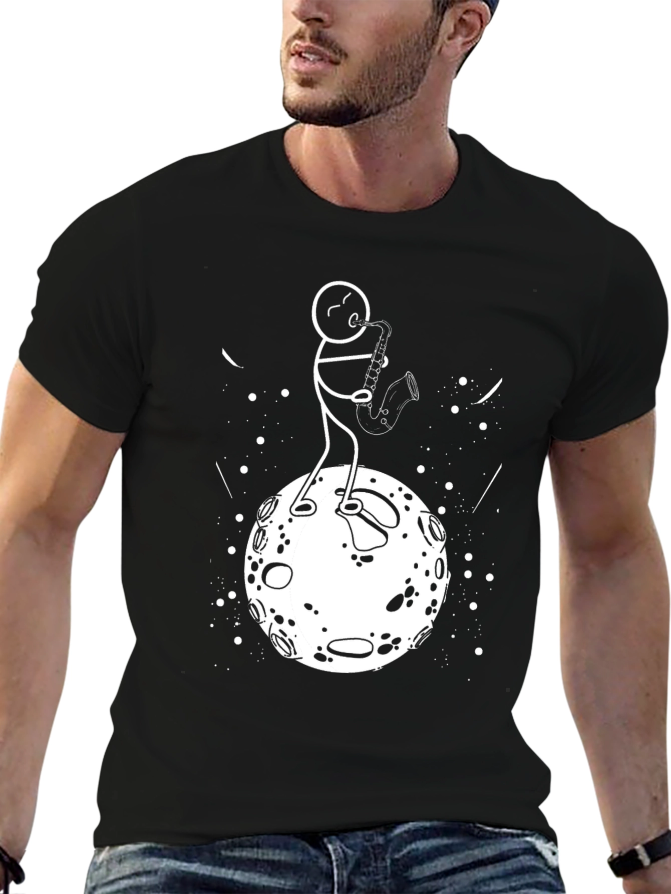 Moon Saxophone T-Shirt - Black Cotton Graphic Tee