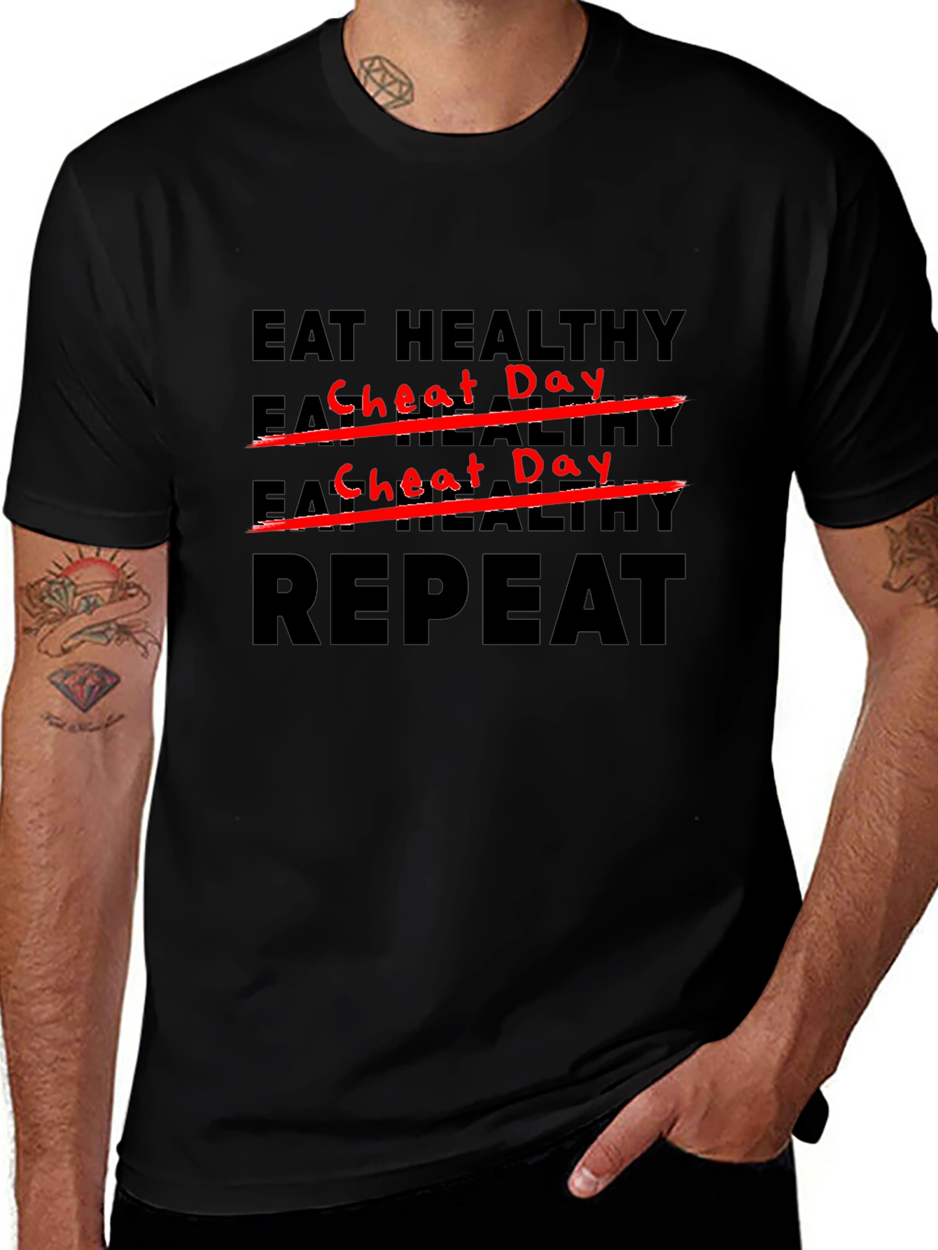 Eat Healthy Cheat Day Repeat Black T-Shirt