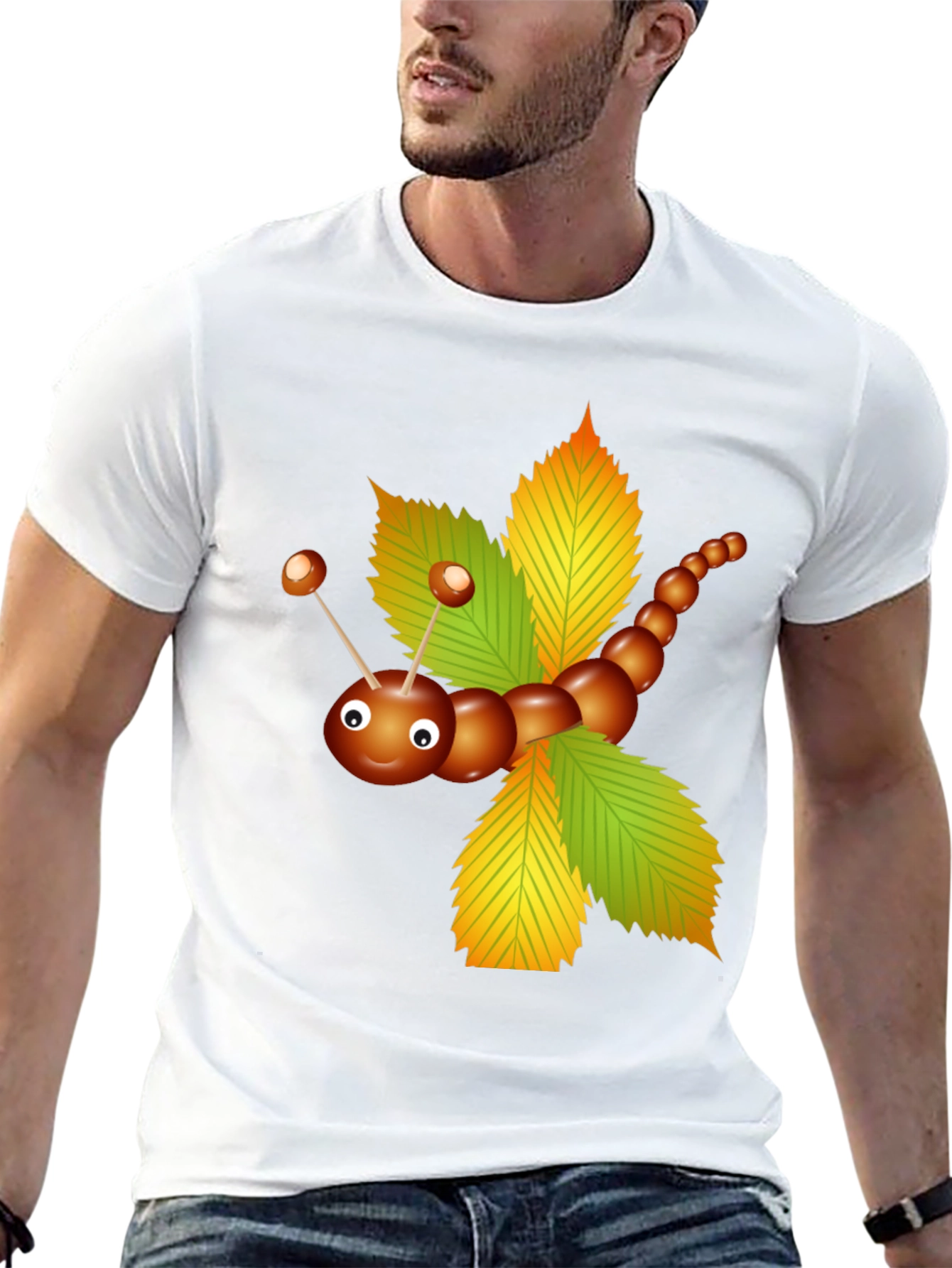 Cute Chestnut Caterpillar on Leaves Graphic T-Shirt