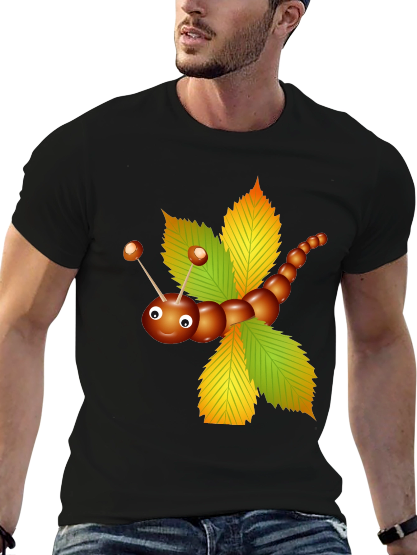 Cute Chestnut Caterpillar on Leaves Graphic T-Shirt