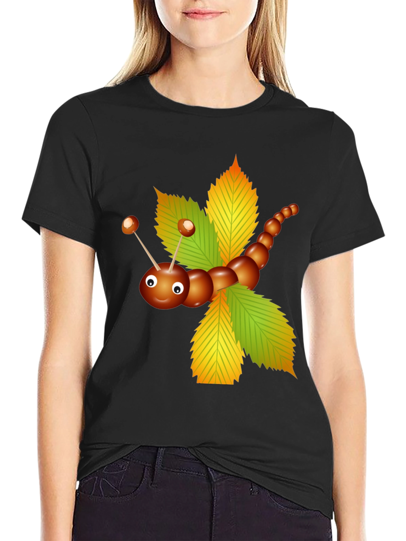 Cute Chestnut Caterpillar on Leaves Graphic T-Shirt