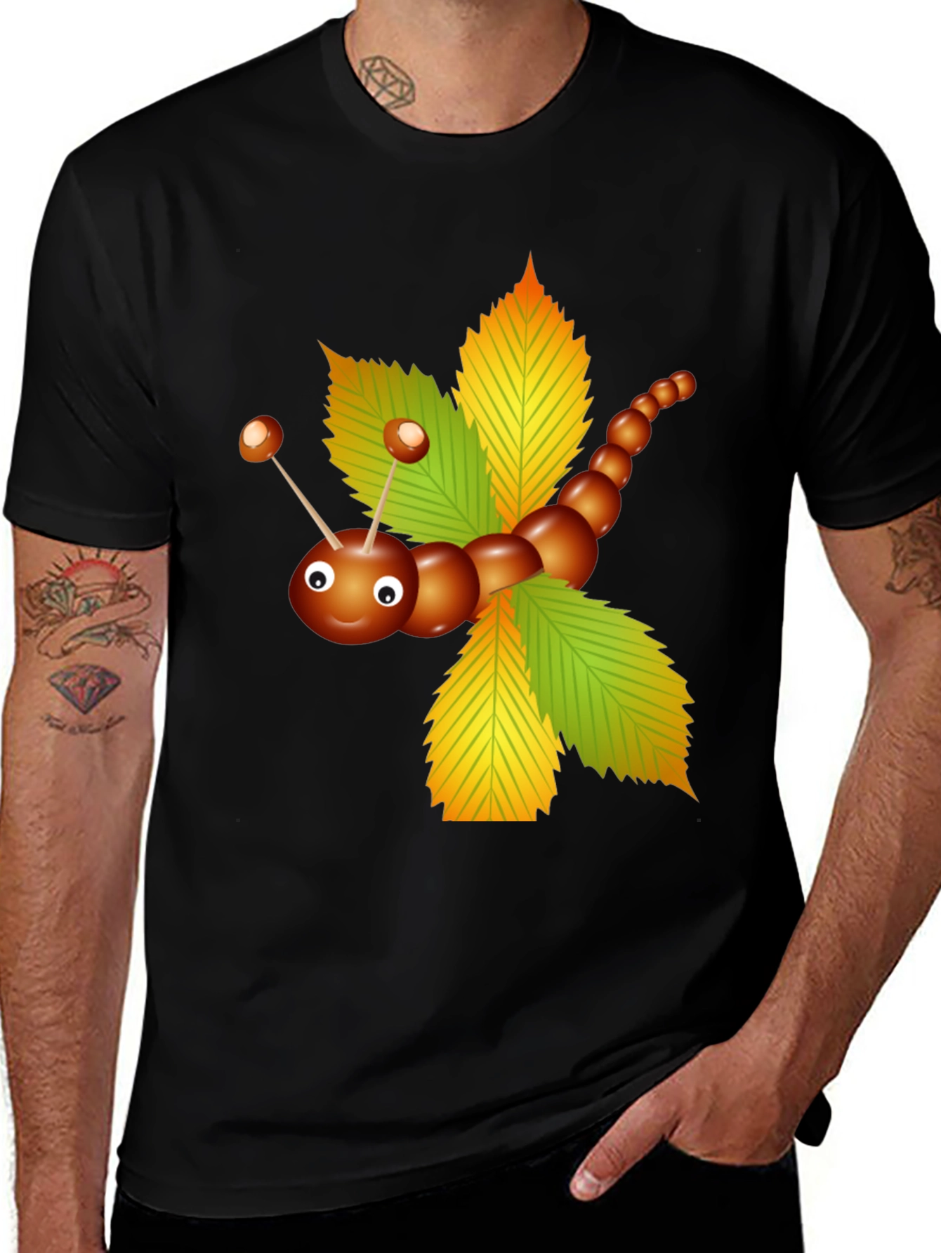 Cute Chestnut Caterpillar on Leaves Graphic T-Shirt