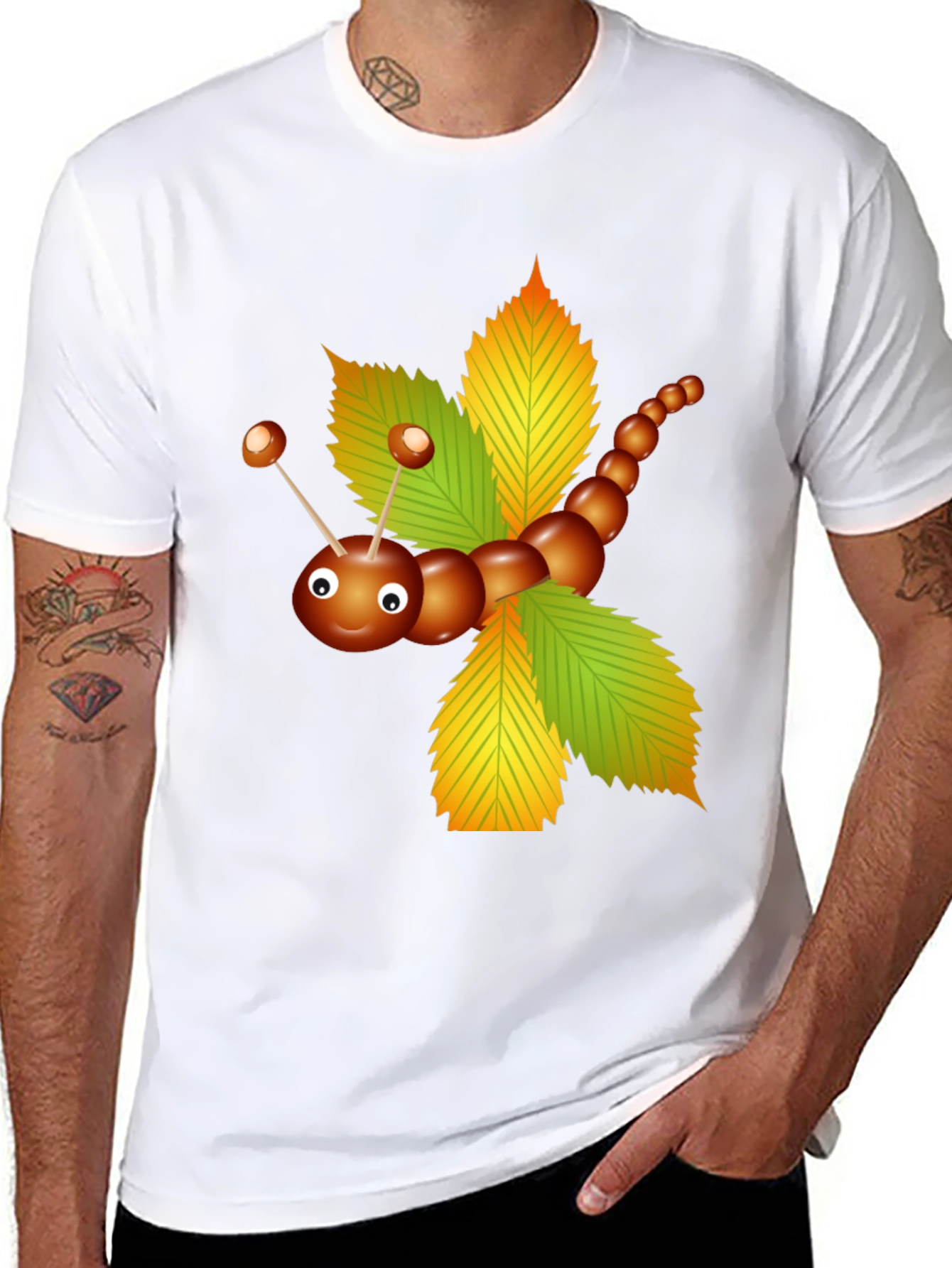 Cute Chestnut Caterpillar on Leaves Graphic T-Shirt